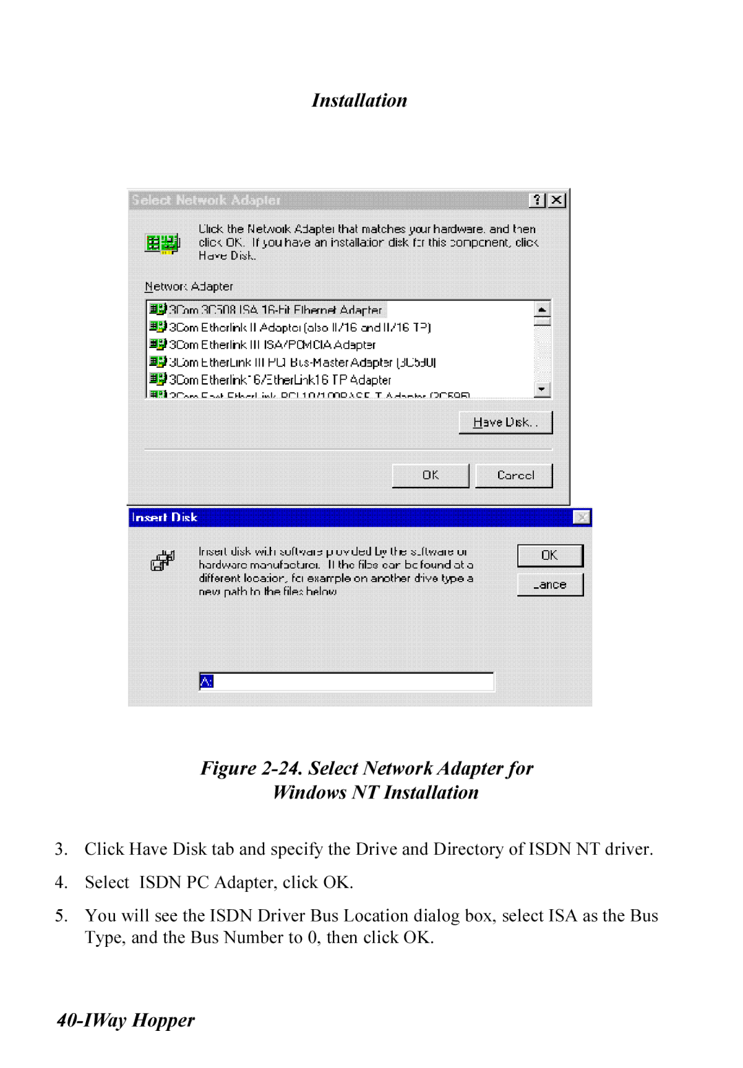 Multitech MT128ISA-SD, MT128ISA-SV, MT128ISA-UV, MT128ISA-UD manual Select Network Adapter for Windows NT Installation 