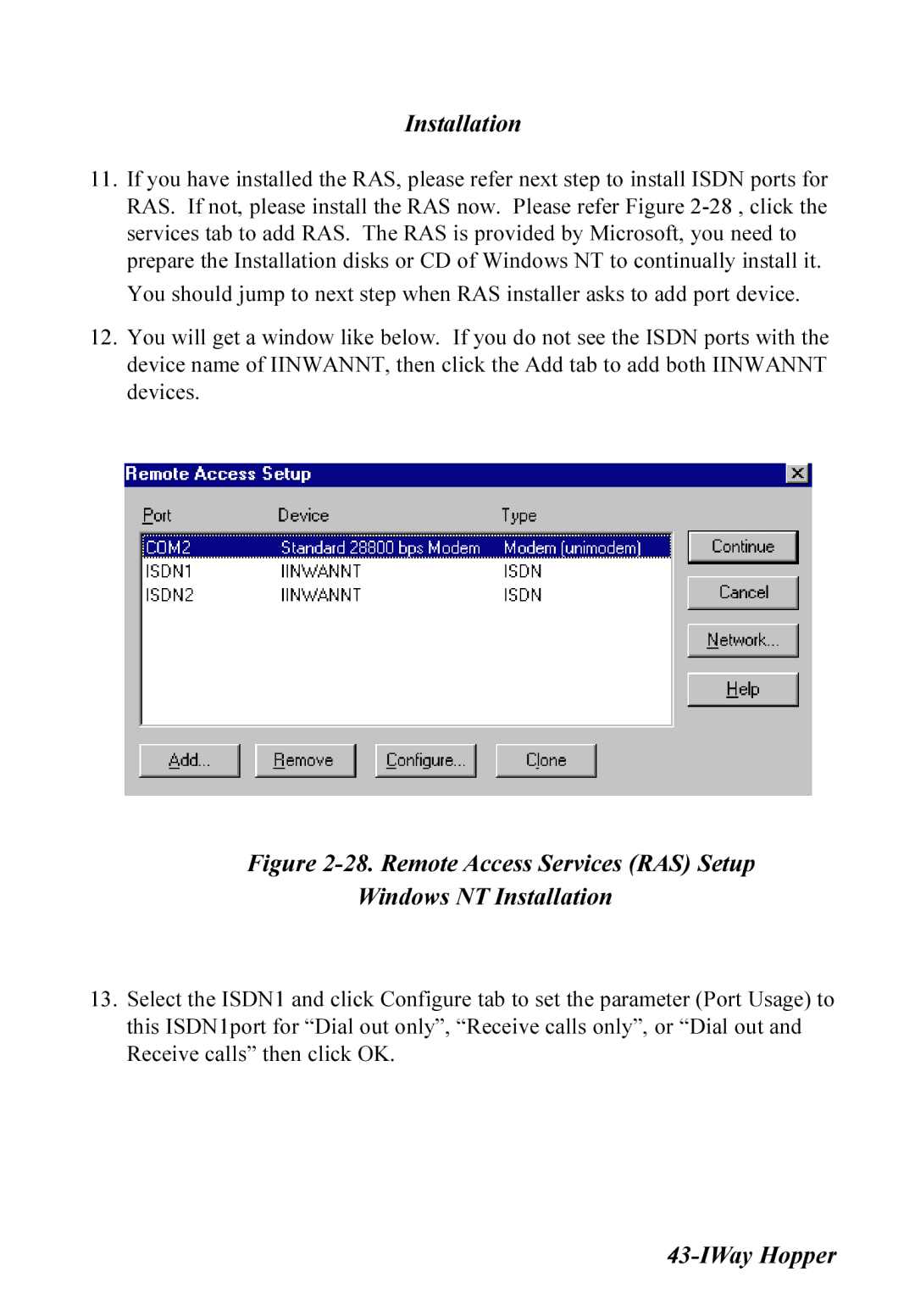 Multitech MT128ISA-UD, MT128ISA-SD, MT128ISA-SV, MT128ISA-UV manual Remote Access Services RAS Setup Windows NT Installation 