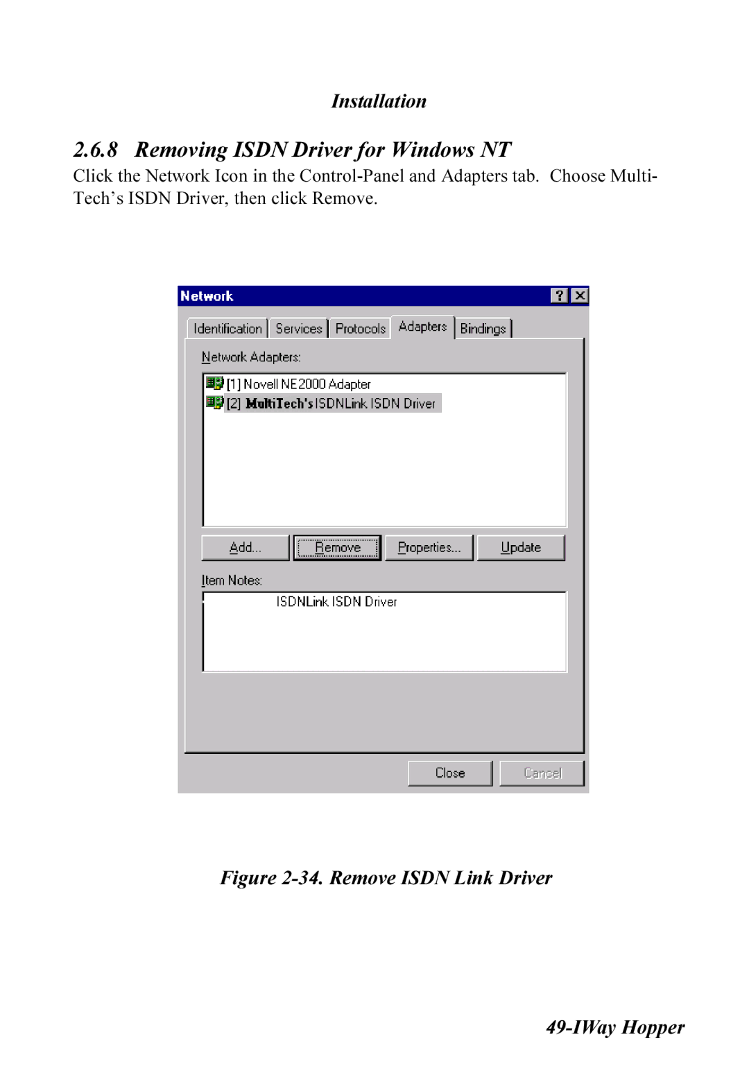 Multitech MT128ISA-SV, MT128ISA-SD, MT128ISA-UV Removing Isdn Driver for Windows NT, Remove Isdn Link Driver IWay Hopper 