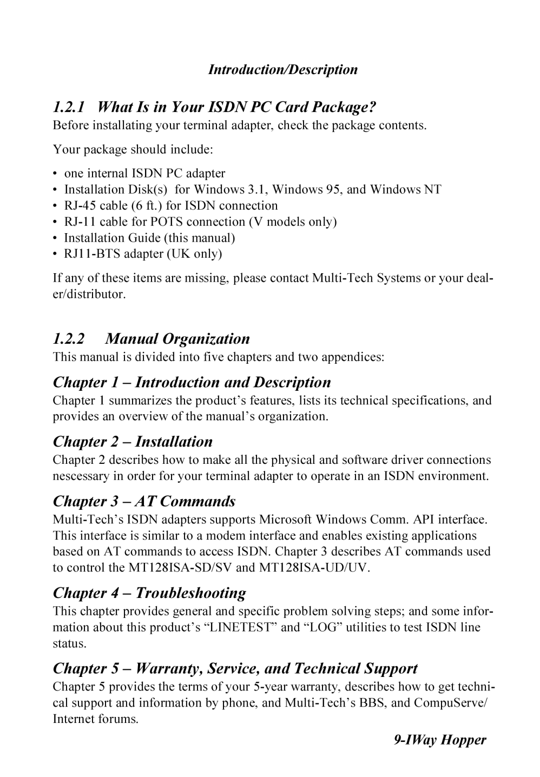 Multitech MT128ISA-SV manual What Is in Your Isdn PC Card Package?, Introduction and Description, Installation, AT Commands 