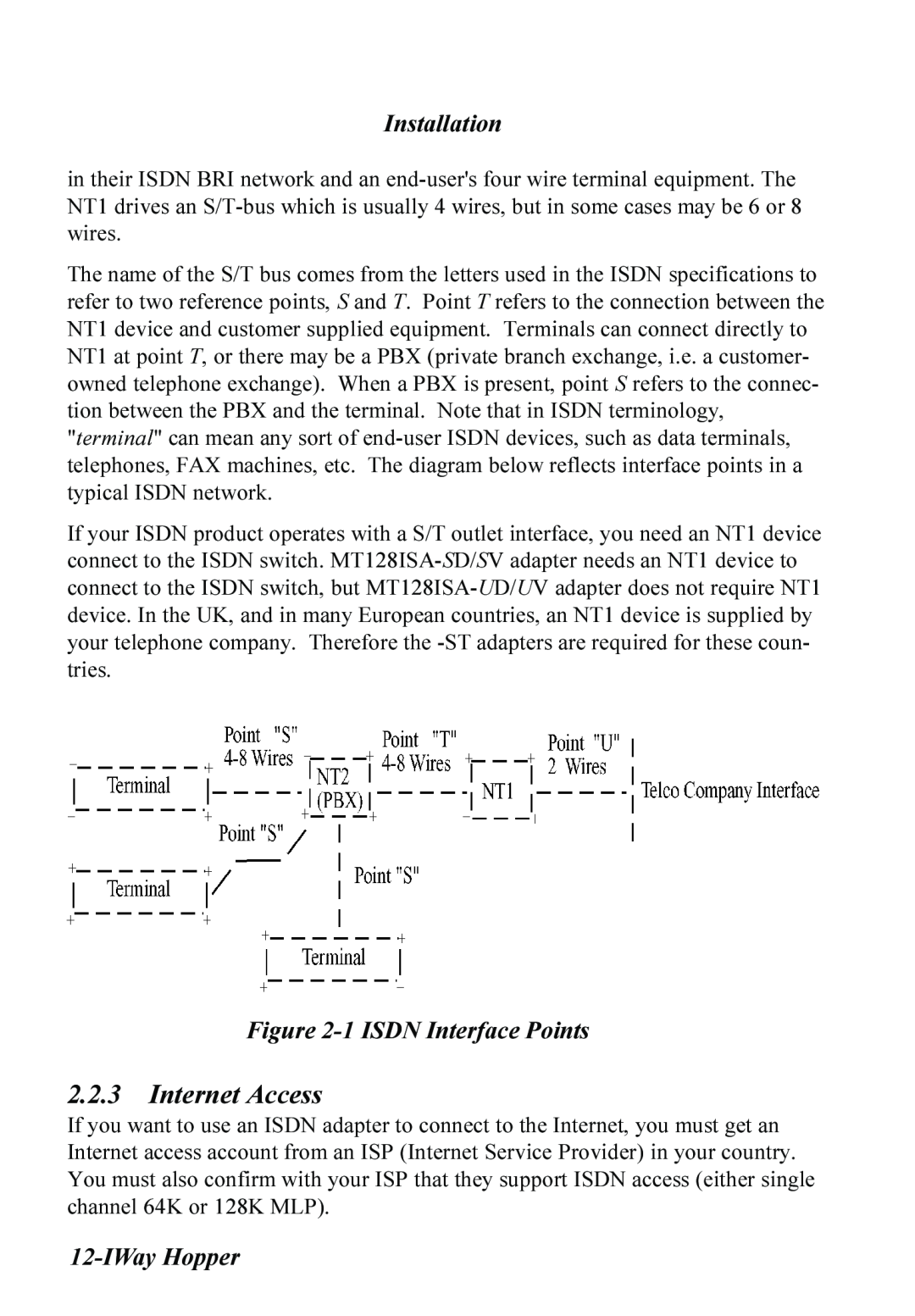 Multitech MT128ISA-SD, MT128ISA-SV, MT128ISA-UV manual Internet Access, 1 ISDN Interface Points, IWay Hopper, Installation 