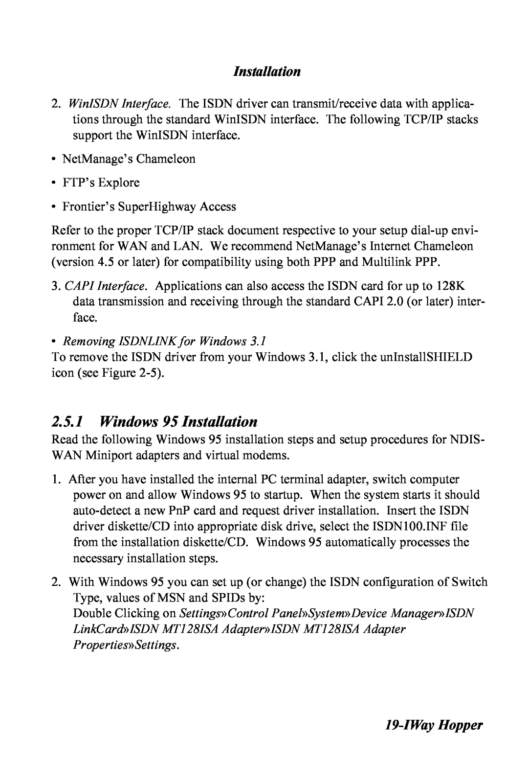 Multitech MT128ISA-UD, MT128ISA-SD, MT128ISA-SV, MT128ISA-UV manual Windows 95 Installation, IWay Hopper 