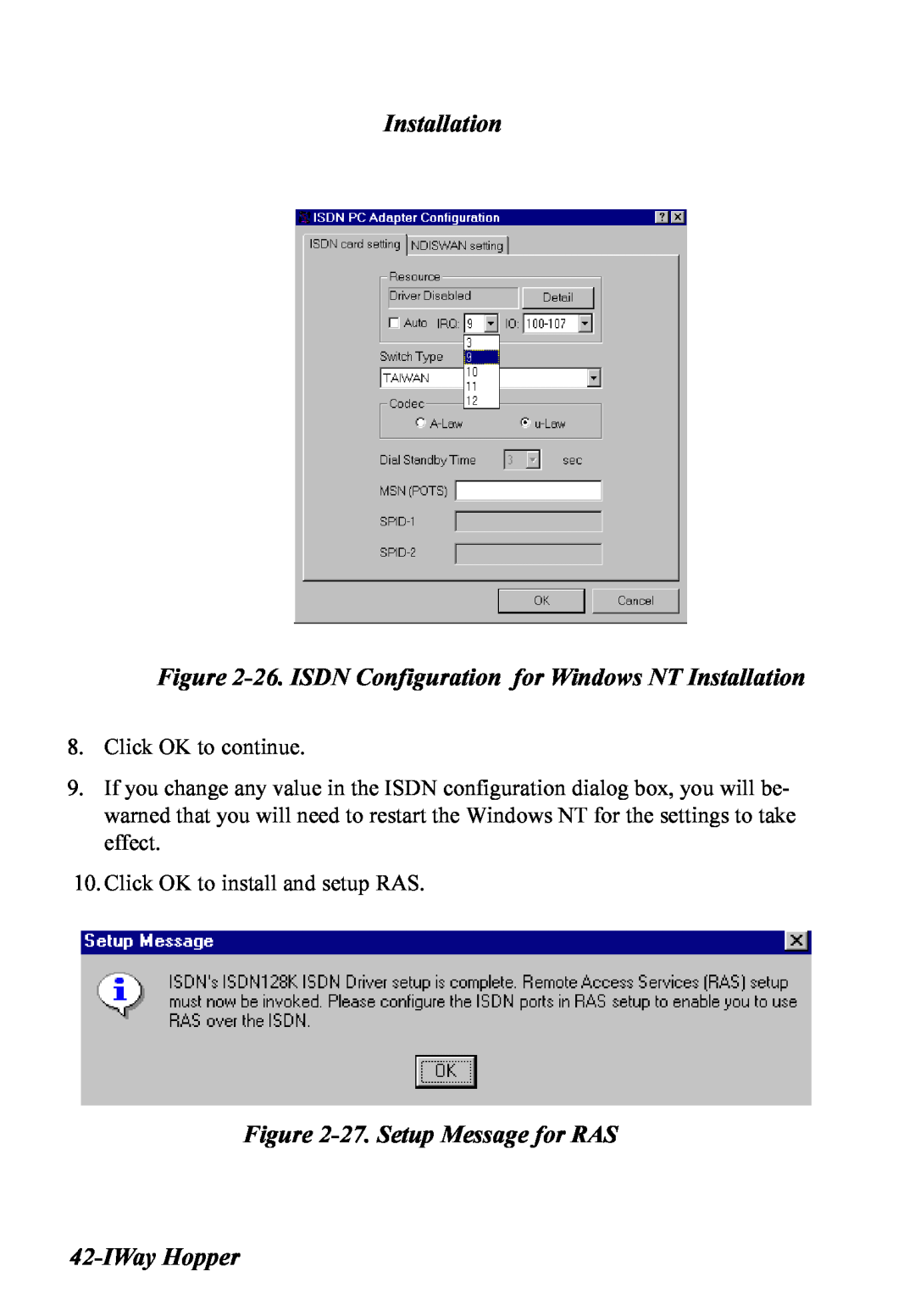 Multitech MT128ISA-UV manual 26. ISDN Configuration for Windows NT Installation, 27. Setup Message for RAS, IWay Hopper 