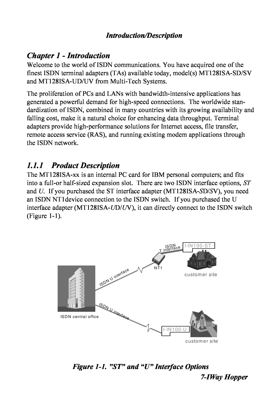 Multitech MT128ISA-UD Product Description, Introduction/Description, 1. ”ST” and “U” Interface Options 7-IWay Hopper 