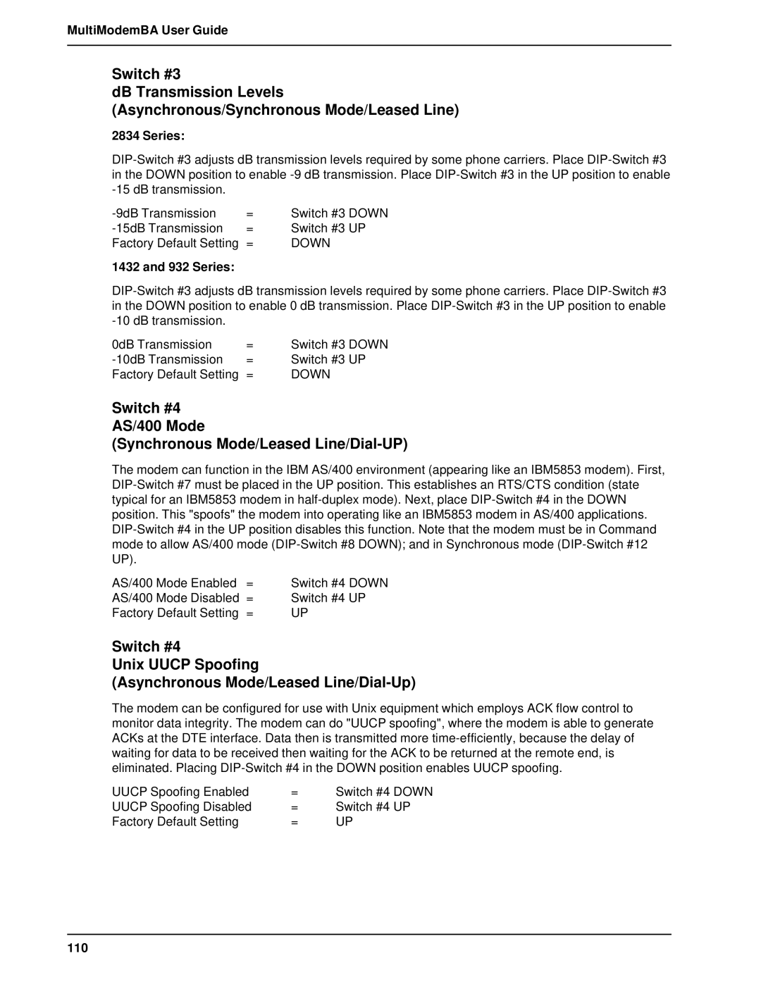 Multitech MT1432BA, MT2834BAI manual Switch #4 AS/400 Mode Synchronous Mode/Leased Line/Dial-UP, Series, 110 
