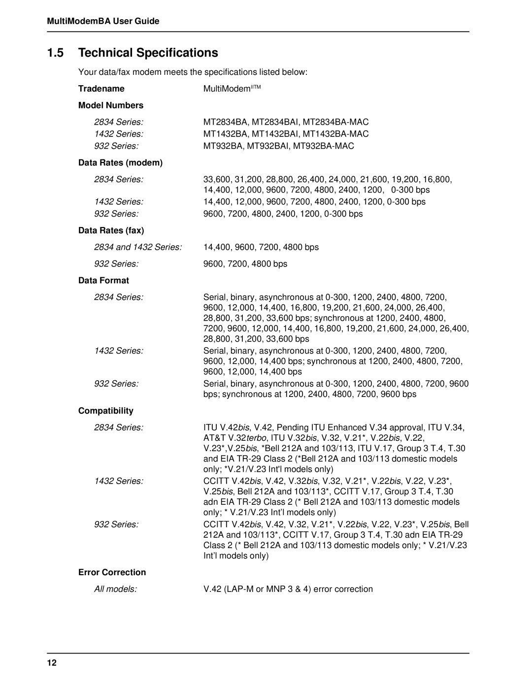 Multitech MT1432BA, MT2834BAI manual Technical Specifications 