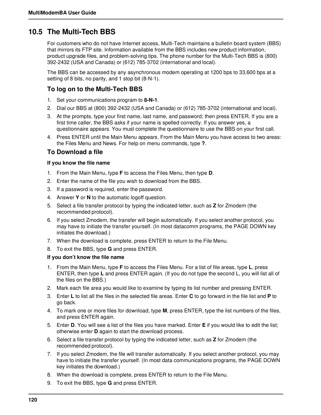 Multitech MT1432BA, MT2834BAI manual To log on to the Multi-Tech BBS, To Download a file 