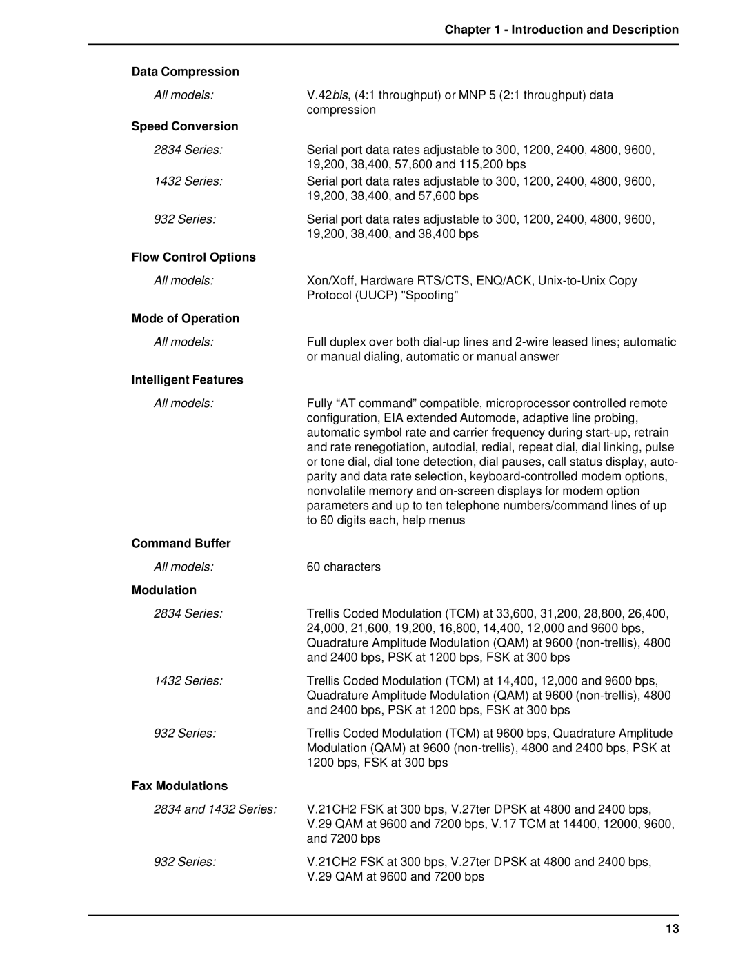 Multitech MT2834BAI Introduction and Description, Data Compression, Speed Conversion, Flow Control Options, Command Buffer 