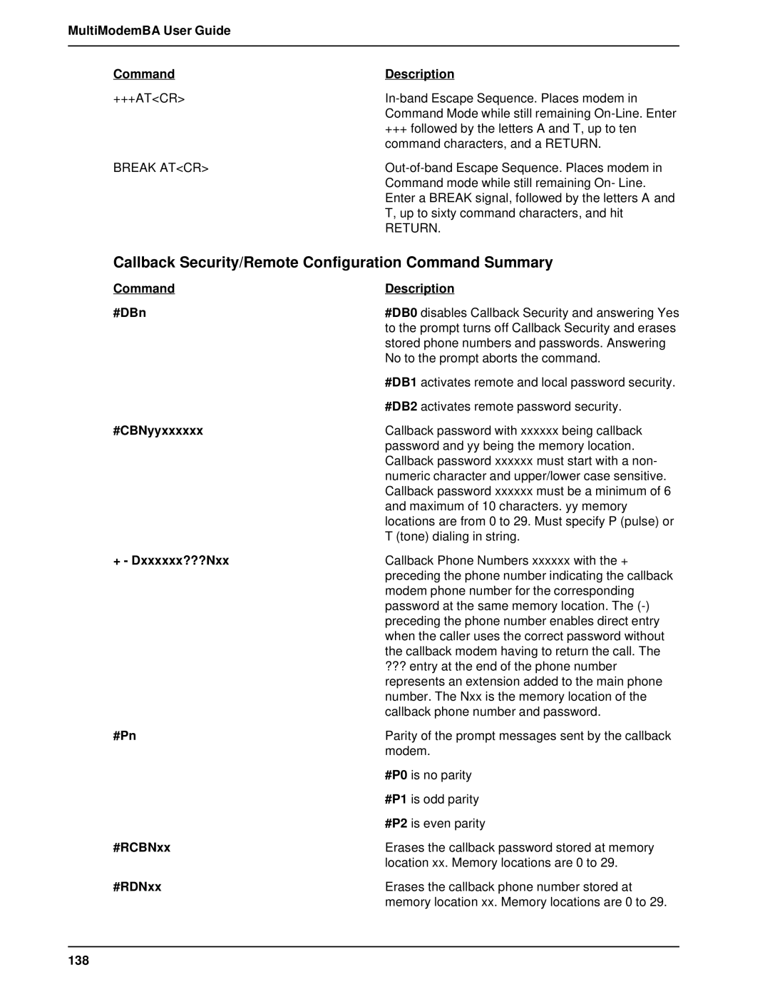 Multitech MT1432BA, MT2834BAI manual Callback Security/Remote Configuration Command Summary, +++Atcr 