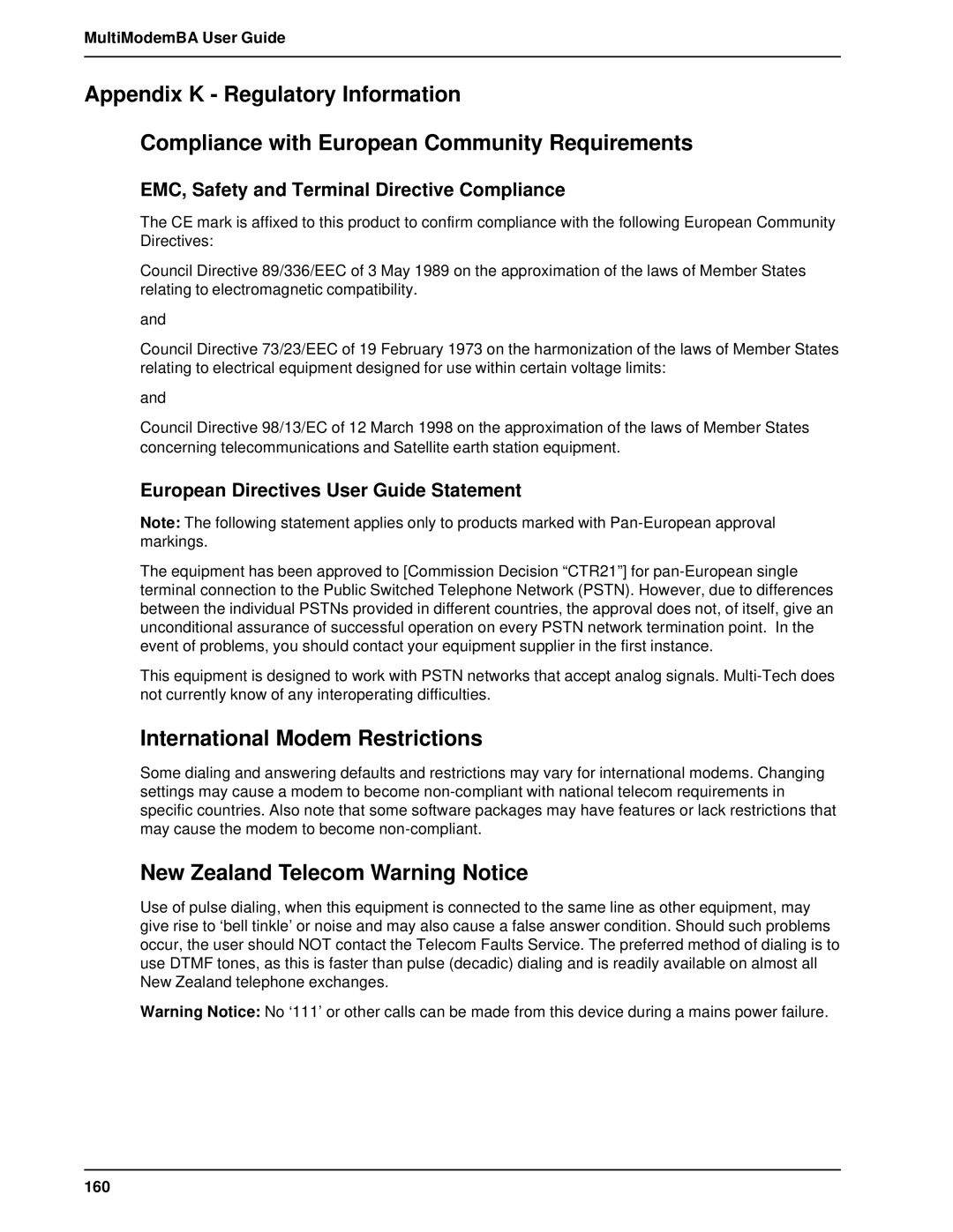 Multitech MT2834BAI, MT1432BA manual International Modem Restrictions, New Zealand Telecom Warning Notice, 160 