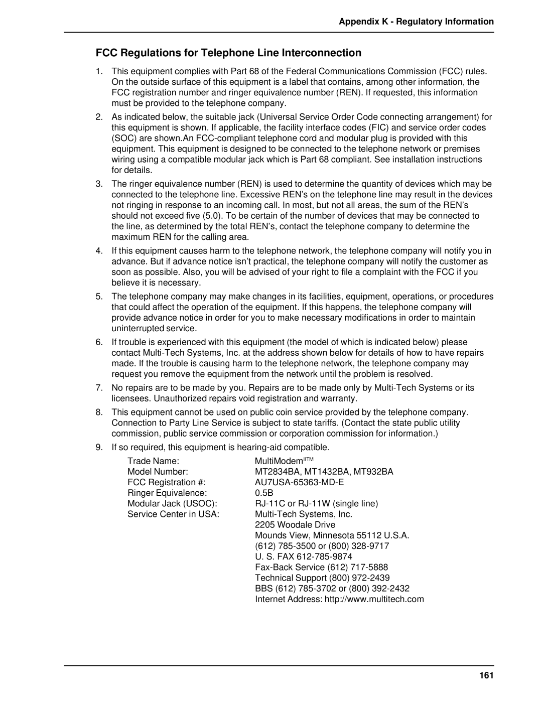 Multitech MT2834BA, MT1432BA FCC Regulations for Telephone Line Interconnection, Appendix K Regulatory Information, 161 