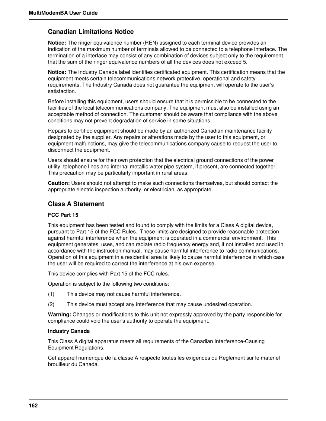 Multitech MT1432BA, MT2834BAI manual Canadian Limitations Notice, Class a Statement, FCC Part, Industry Canada, 162 