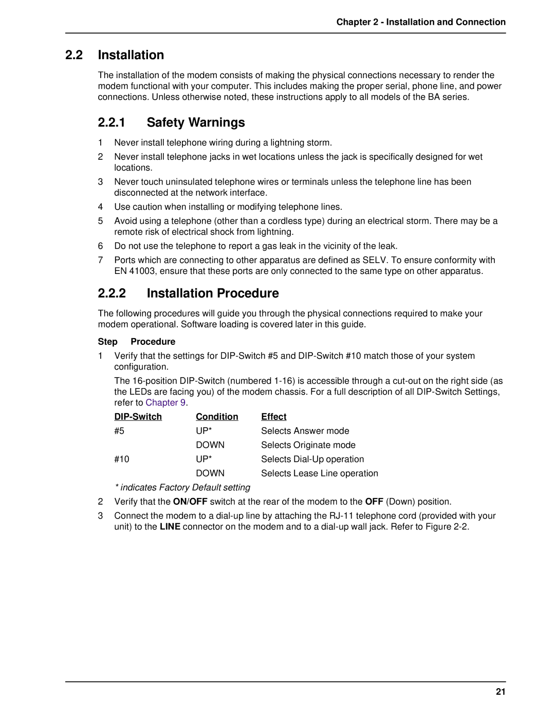 Multitech MT1432BA, MT2834BAI manual Safety Warnings, Installation Procedure 