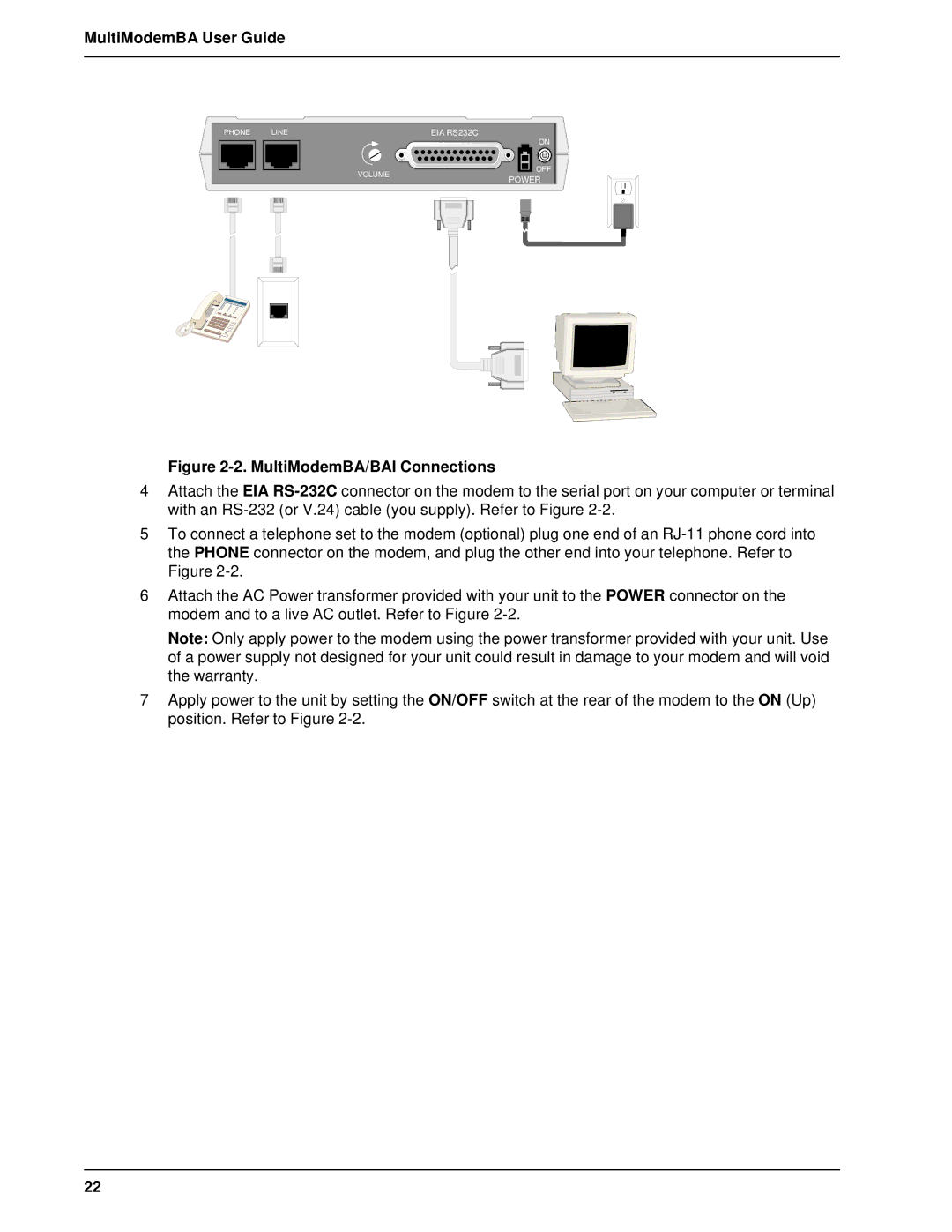 Multitech MT2834BAI, MT1432BA manual MultiModemBA/BAI Connections 