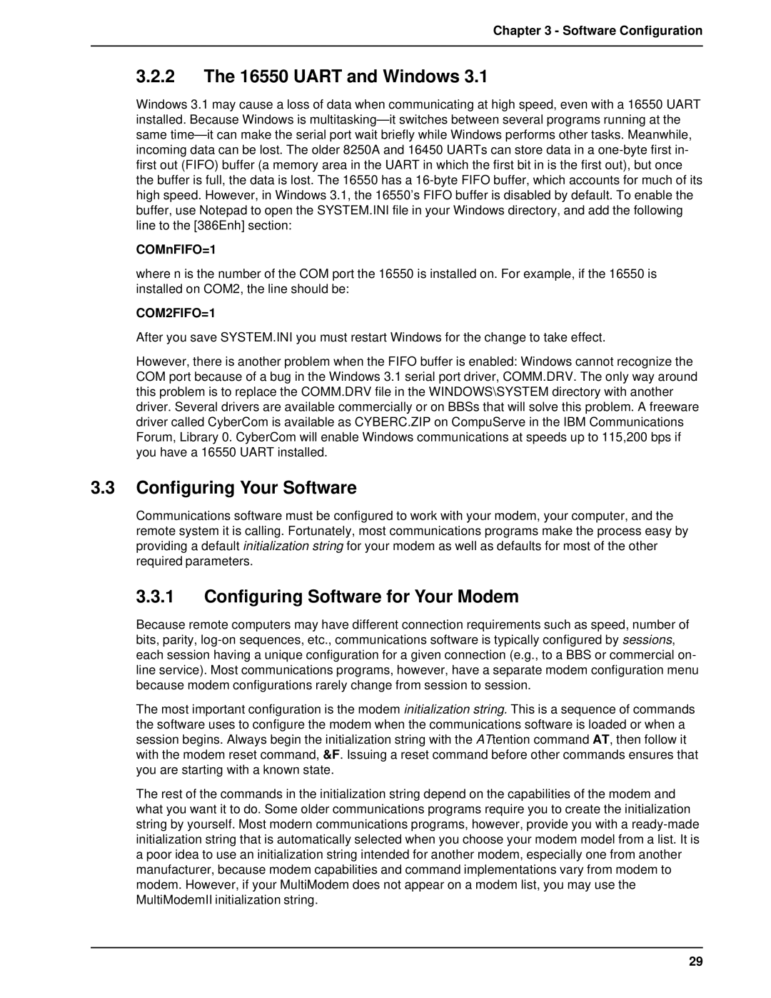 Multitech MT2834BA, MT1432BA Uart and Windows, Configuring Your Software, Configuring Software for Your Modem, COMnFIFO=1 