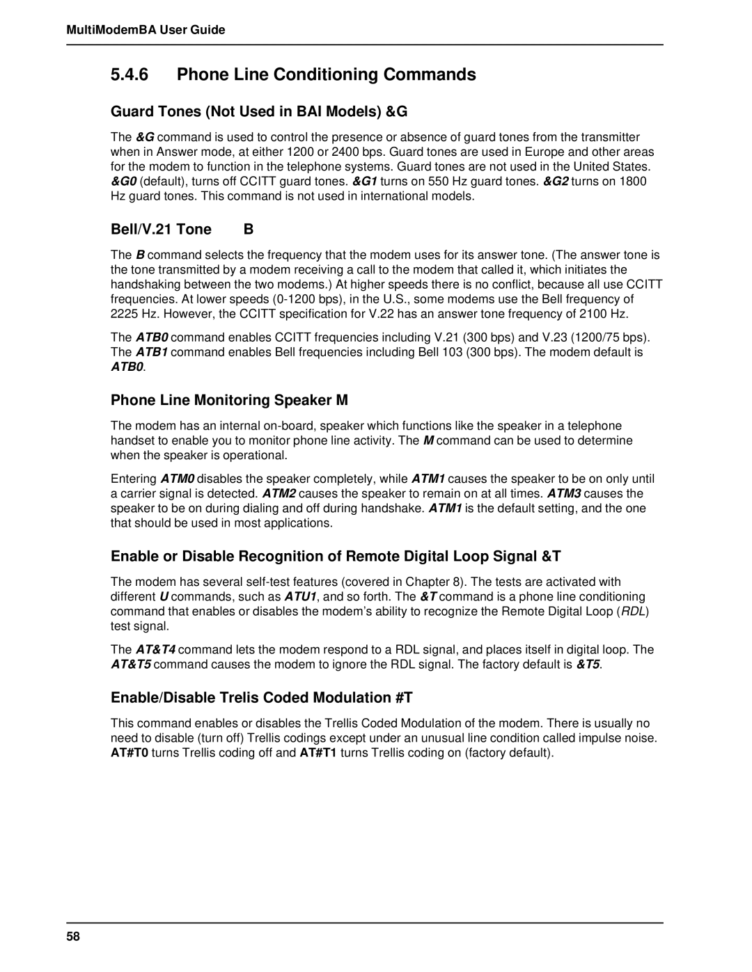 Multitech MT2834BAI, MT1432BA manual Phone Line Conditioning Commands, Guard Tones Not Used in BAI Models &G, Bell/V.21 Tone 