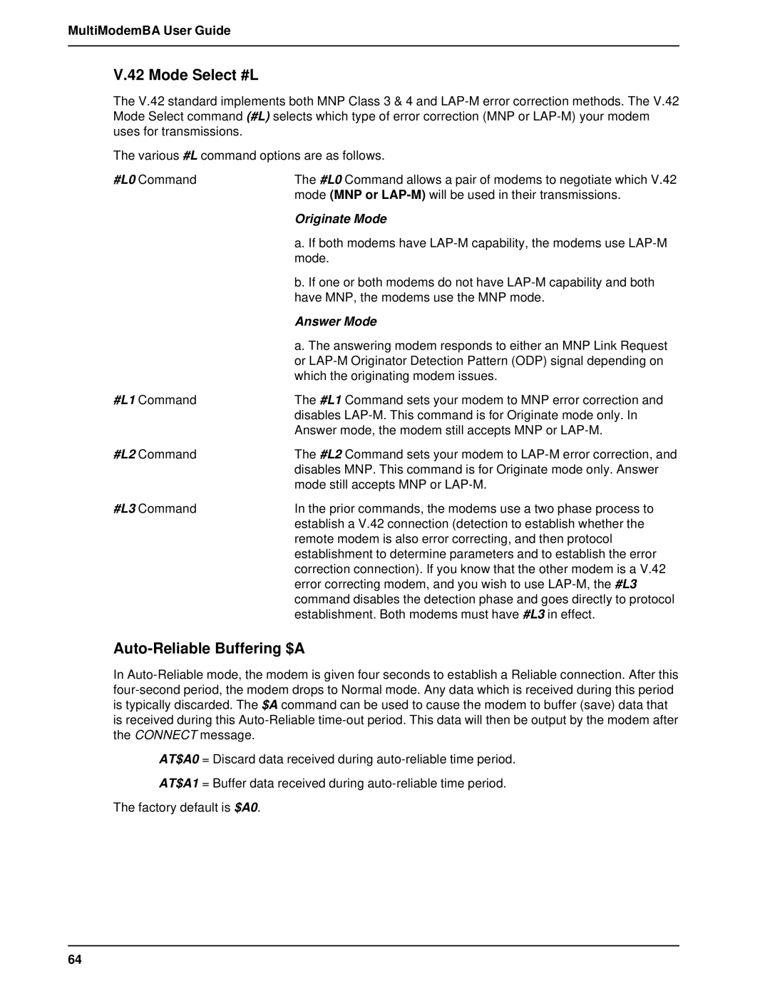 Multitech MT2834BAI, MT1432BA manual Mode Select #L, Auto-Reliable Buffering $A, Originate Mode, Answer Mode 