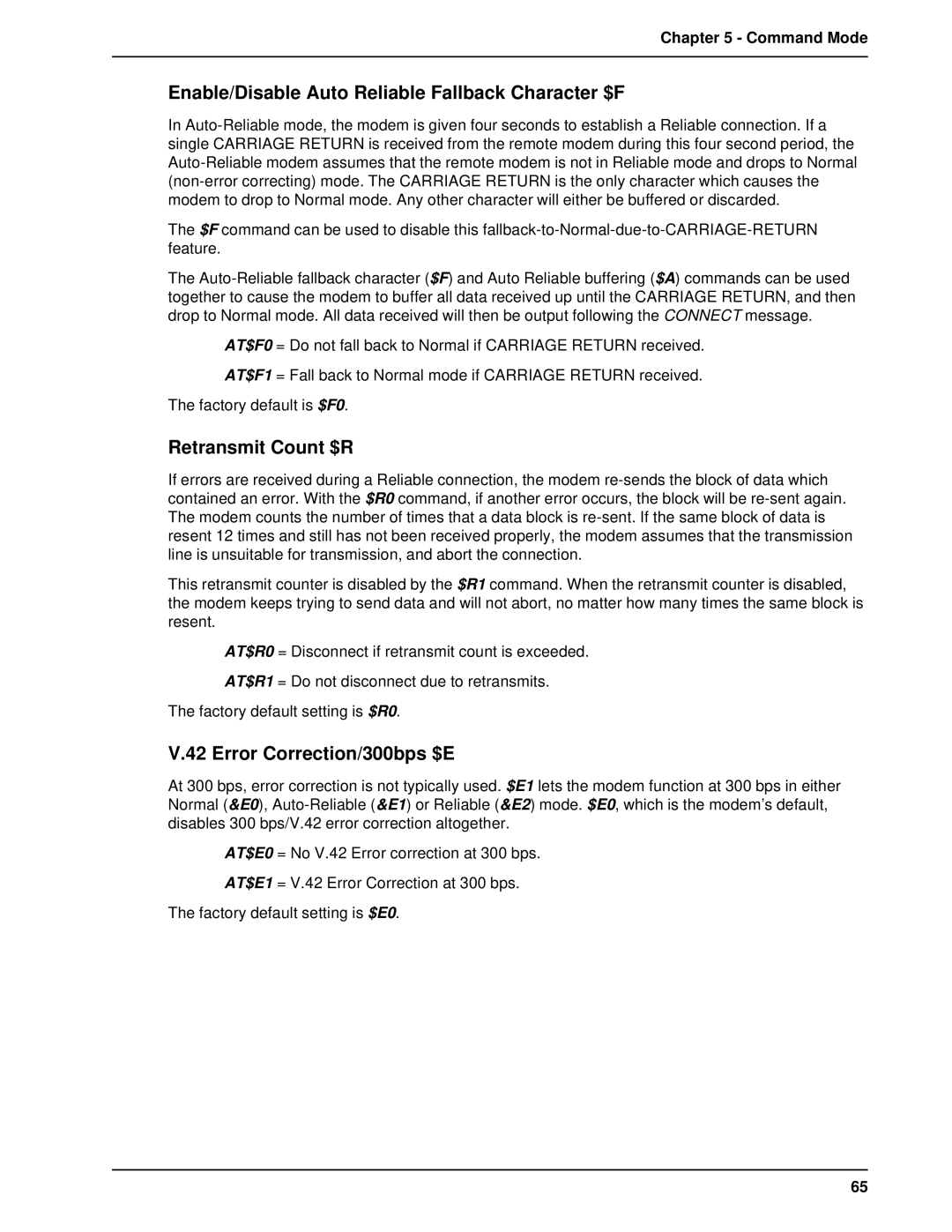 Multitech MT2834BA Enable/Disable Auto Reliable Fallback Character $F, Retransmit Count $R, Error Correction/300bps $E 