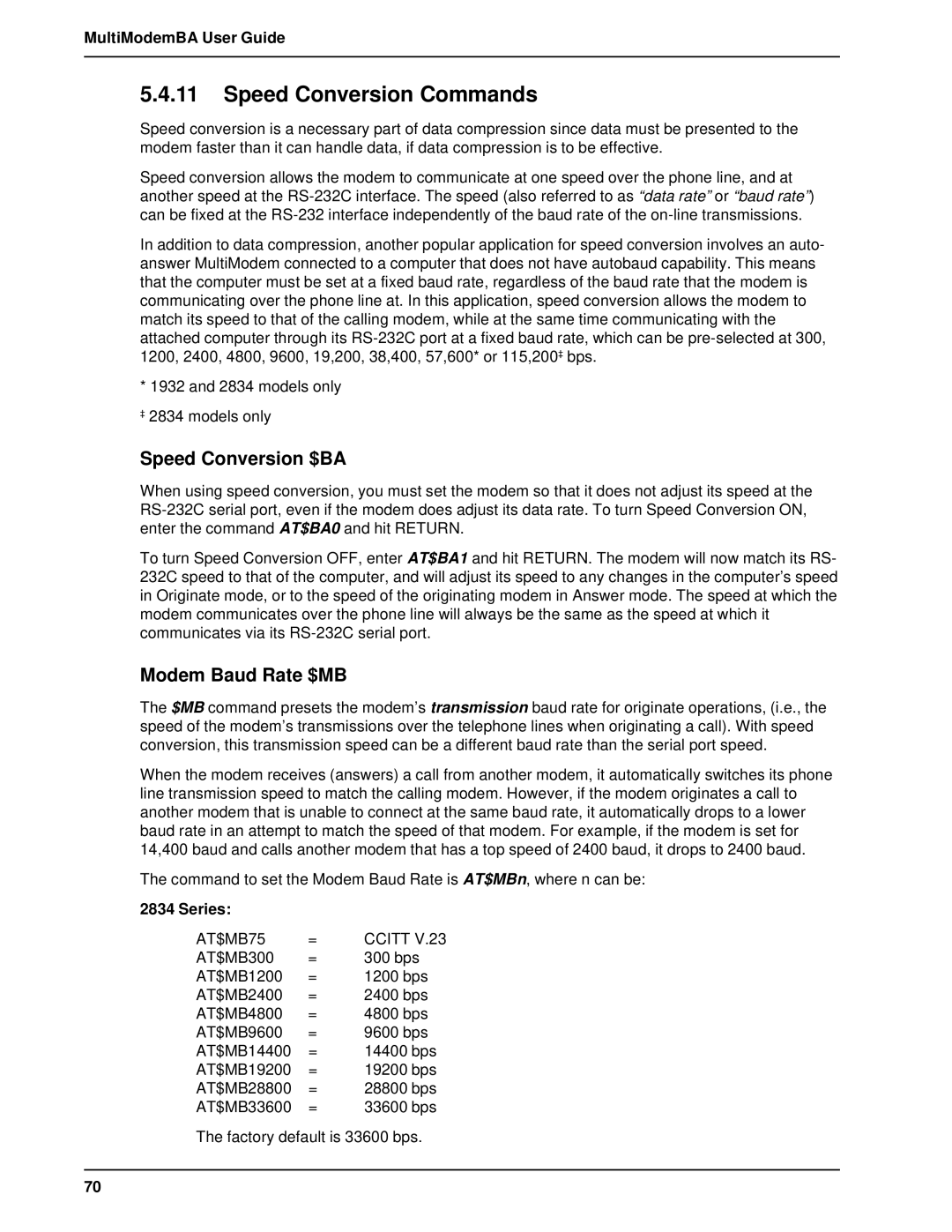 Multitech MT2834BAI, MT1432BA manual Speed Conversion Commands, Speed Conversion $BA, Modem Baud Rate $MB 