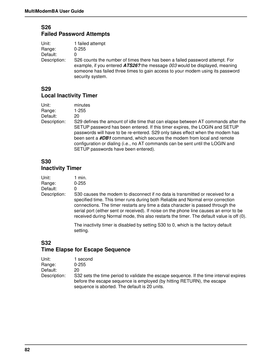 Multitech MT2834BAI, MT1432BA manual S26 Failed Password Attempts, S29 Local Inactivity Timer, S30 Inactivity Timer 