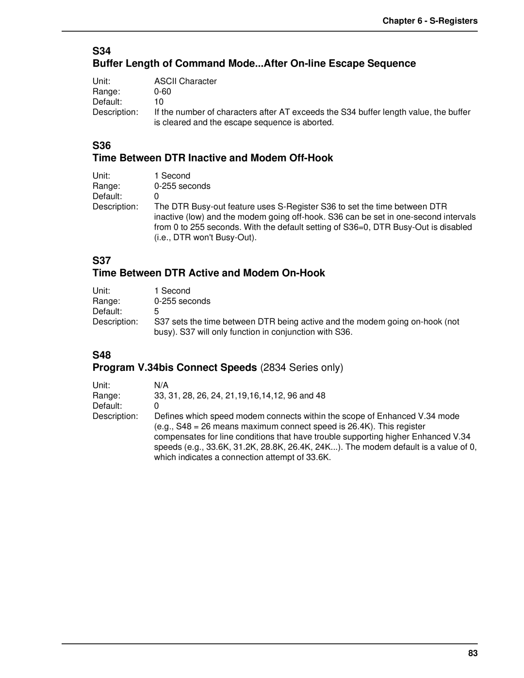 Multitech MT2834BA manual S36 Time Between DTR Inactive and Modem Off-Hook, S37 Time Between DTR Active and Modem On-Hook 