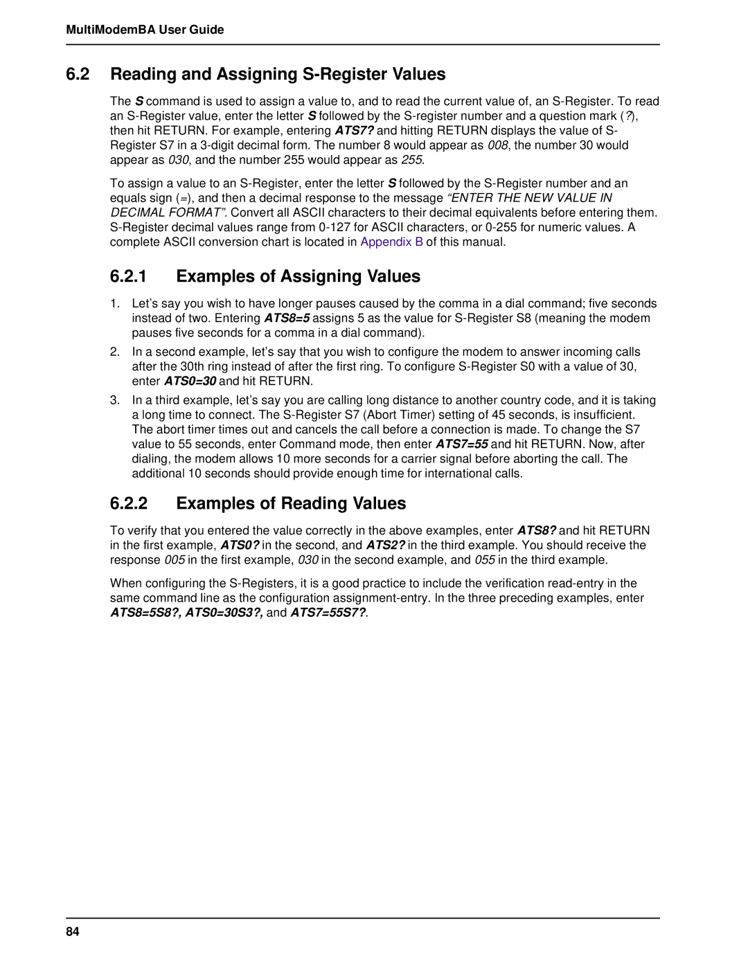 Multitech MT1432BA manual Reading and Assigning S-Register Values, Examples of Assigning Values, Examples of Reading Values 