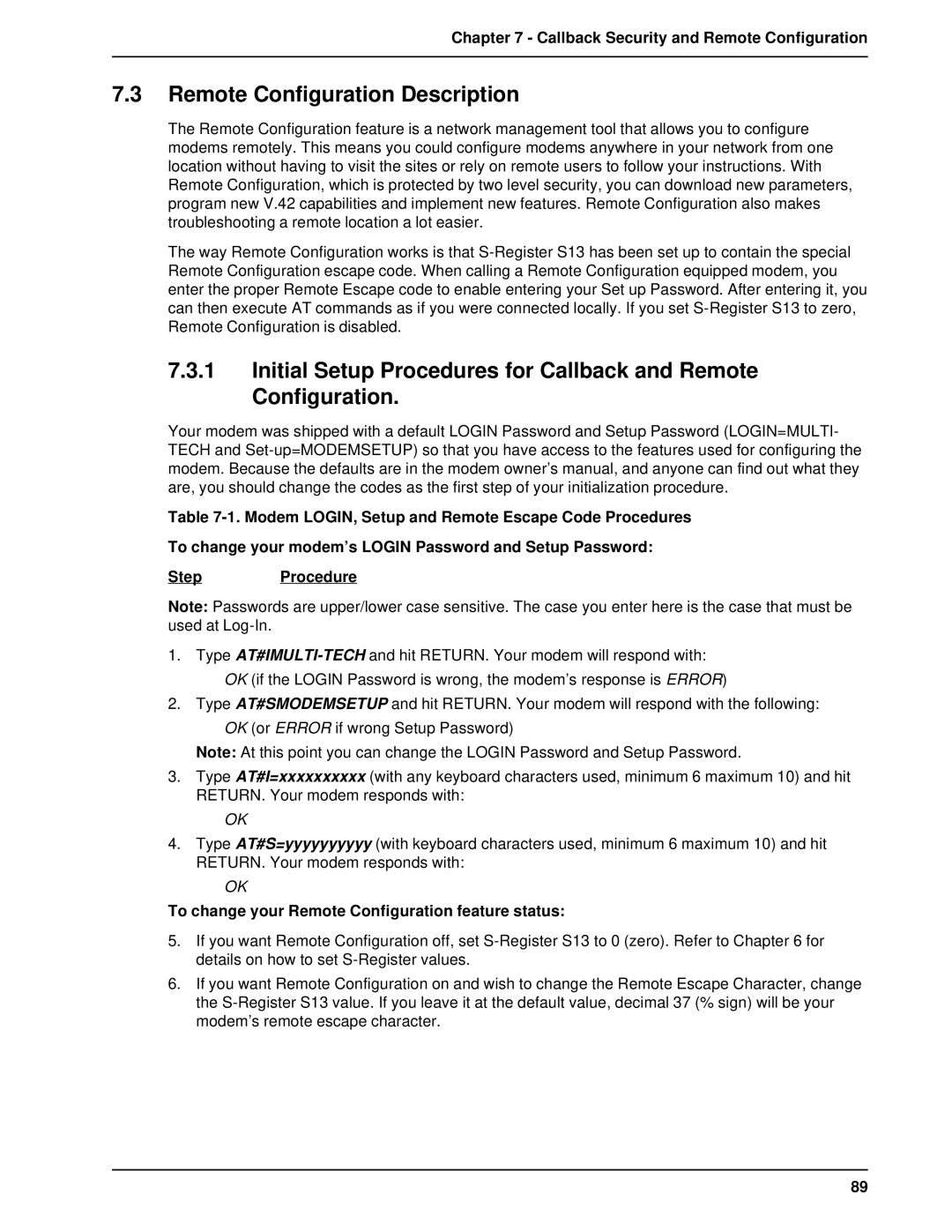 Multitech MT1432BA, MT2834BAI manual Remote Configuration Description, Callback Security and Remote Configuration 