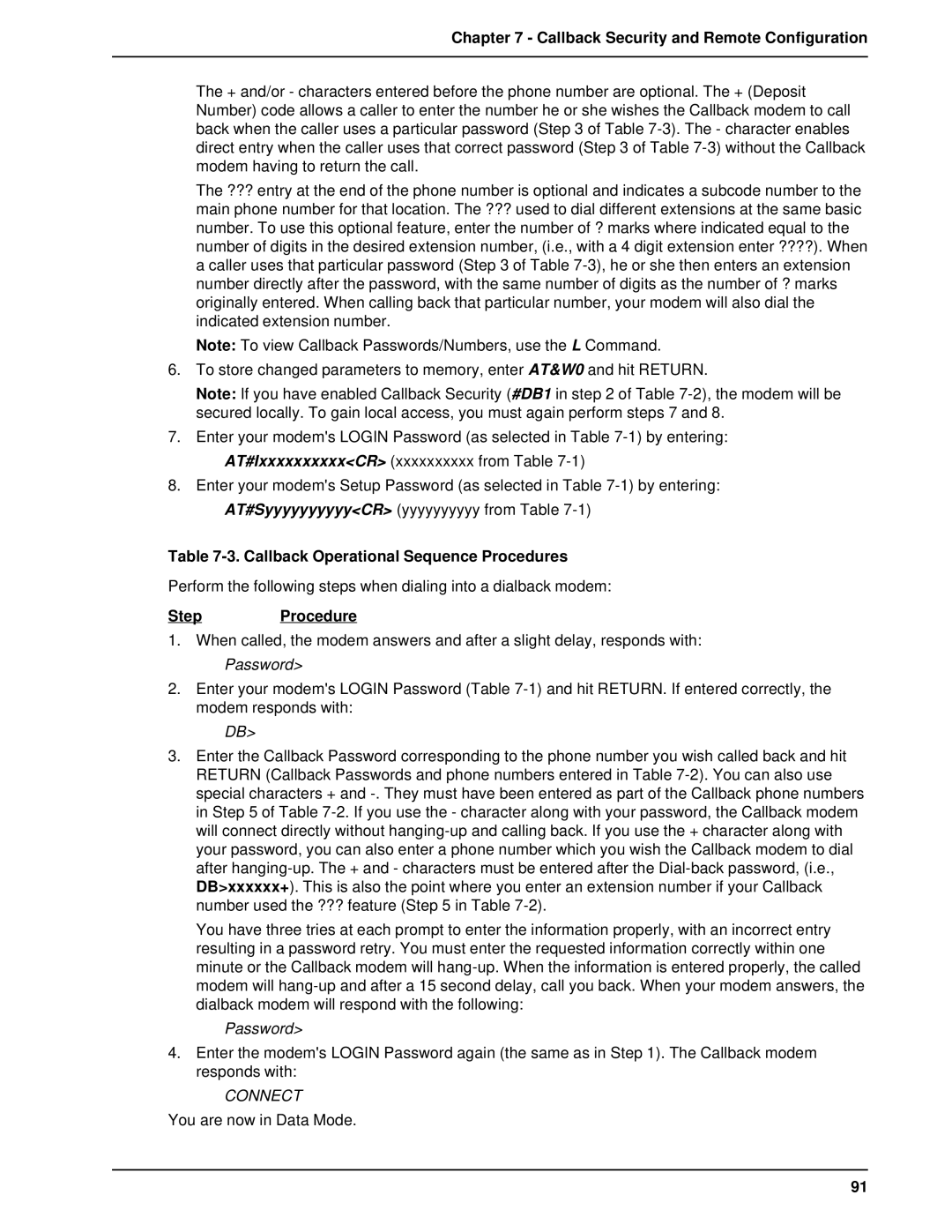 Multitech MT2834BAI, MT1432BA manual Callback Operational Sequence Procedures 