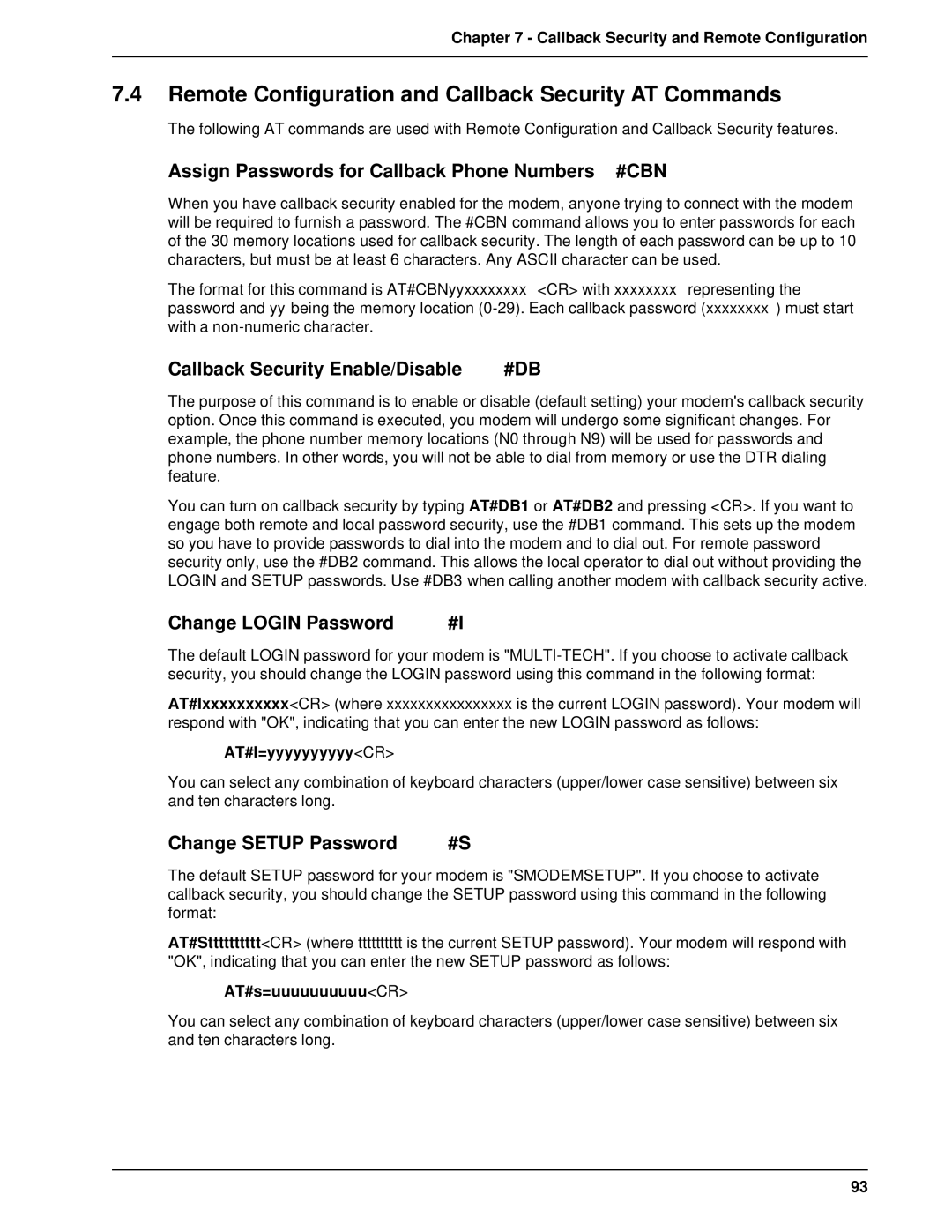 Multitech MT1432BA, MT2834BAI Remote Configuration and Callback Security AT Commands, Callback Security Enable/Disable 