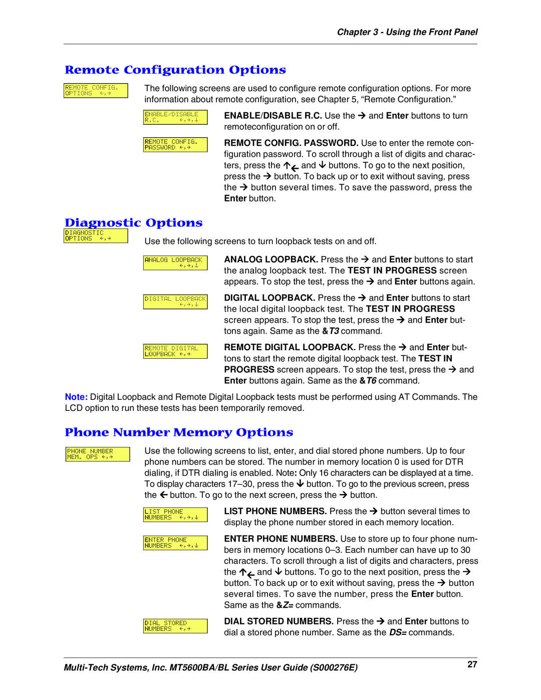Multitech MT5600BA, MT5600BL manual Remote Configuration Options, Diagnostic Options, Phone Number Memory Options 