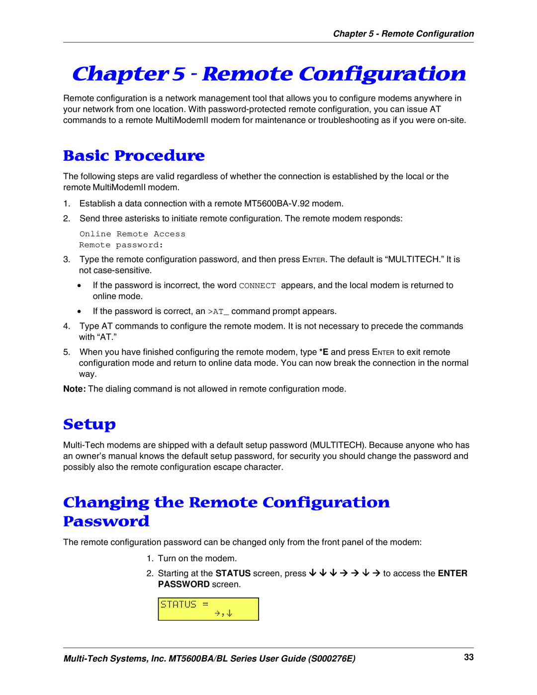 Multitech MT5600BA, MT5600BL manual Basic Procedure, Setup, Changing the Remote Configuration Password 
