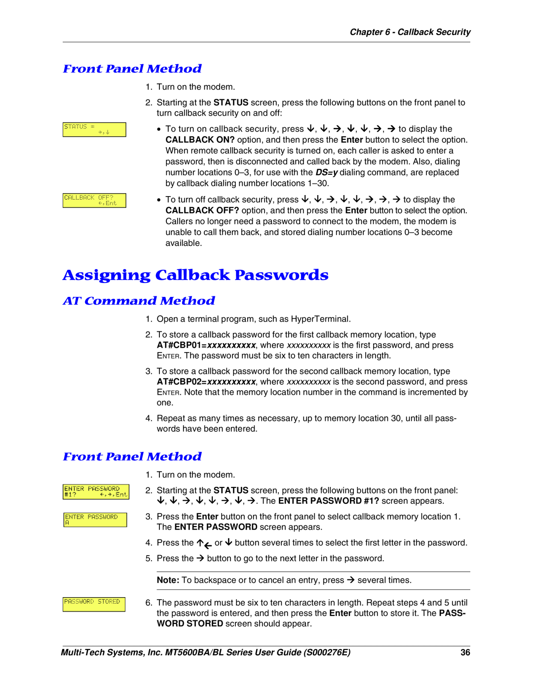 Multitech MT5600BL, MT5600BA manual Assigning Callback Passwords, Front Panel Method, AT Command Method 