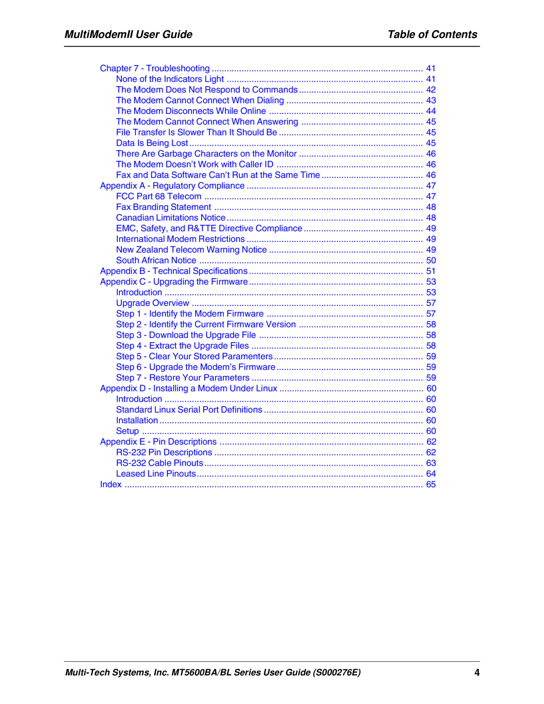 Multitech MT5600BL, MT5600BA manual MultiModemII User Guide, Table of Contents, None of the Indicators Light 