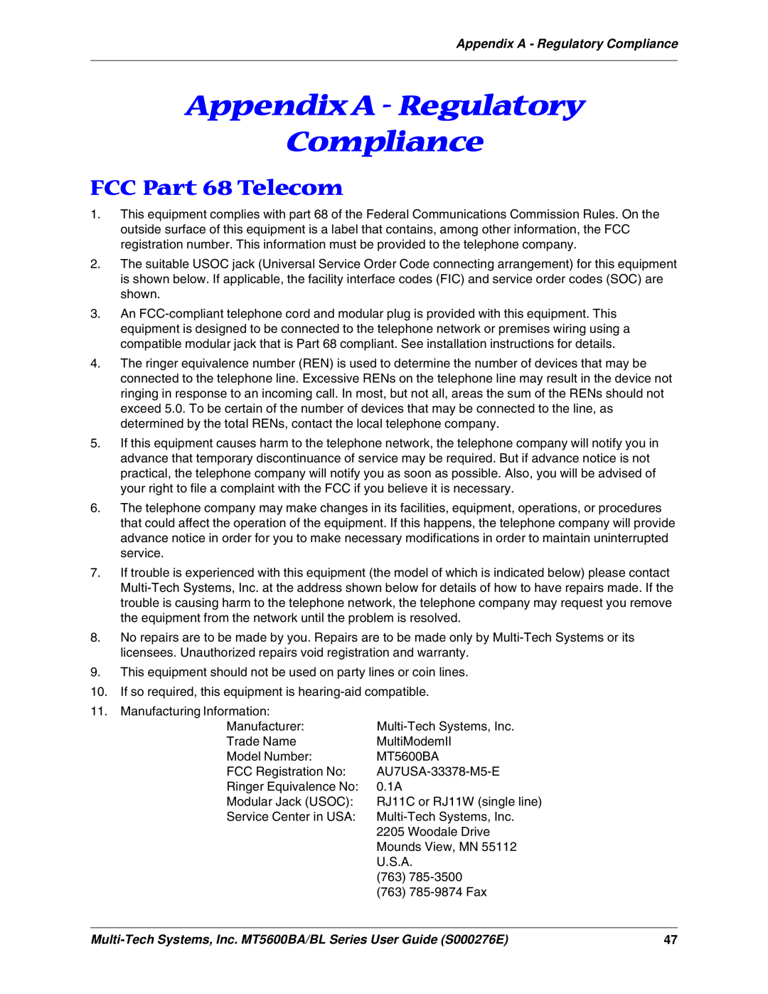 Multitech MT5600BA, MT5600BL manual Appendix A - Regulatory Compliance, FCC Part 68 Telecom 