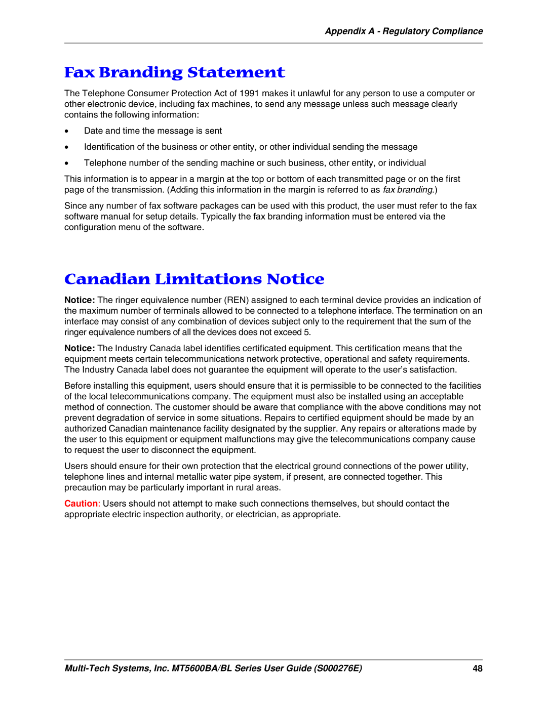 Multitech MT5600BL, MT5600BA manual Fax Branding Statement, Canadian Limitations Notice 