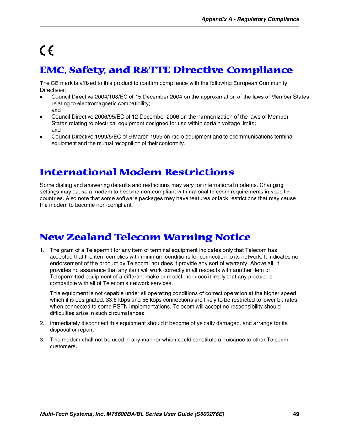 Multitech MT5600BA, MT5600BL manual EMC, Safety, and R&TTE Directive Compliance, International Modem Restrictions 