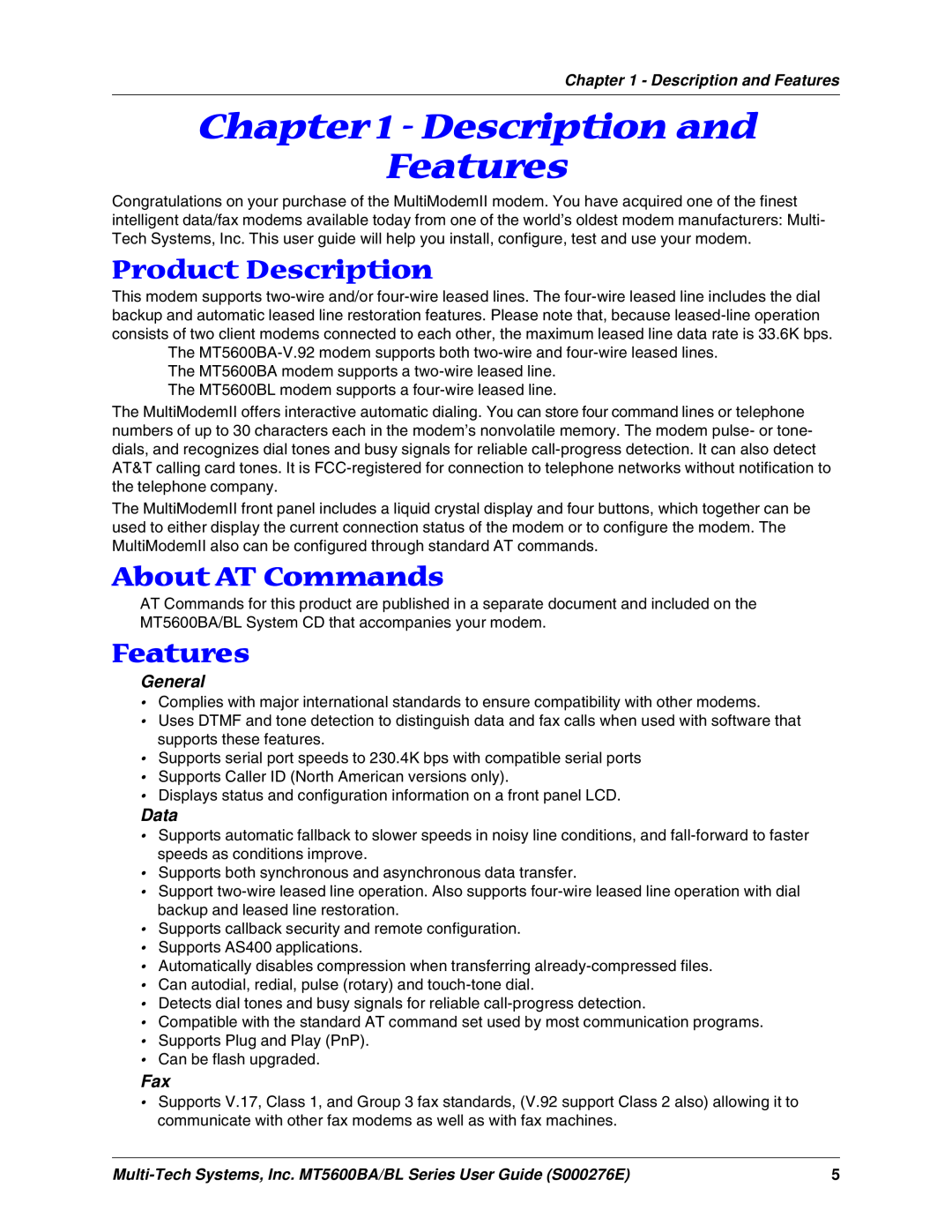 Multitech MT5600BA, MT5600BL manual Description and Features, Product Description, About AT Commands, General, Data 