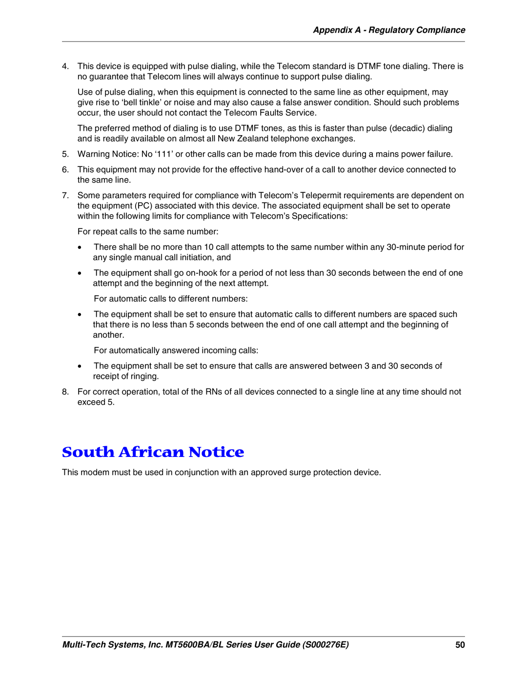 Multitech MT5600BL, MT5600BA manual South African Notice 