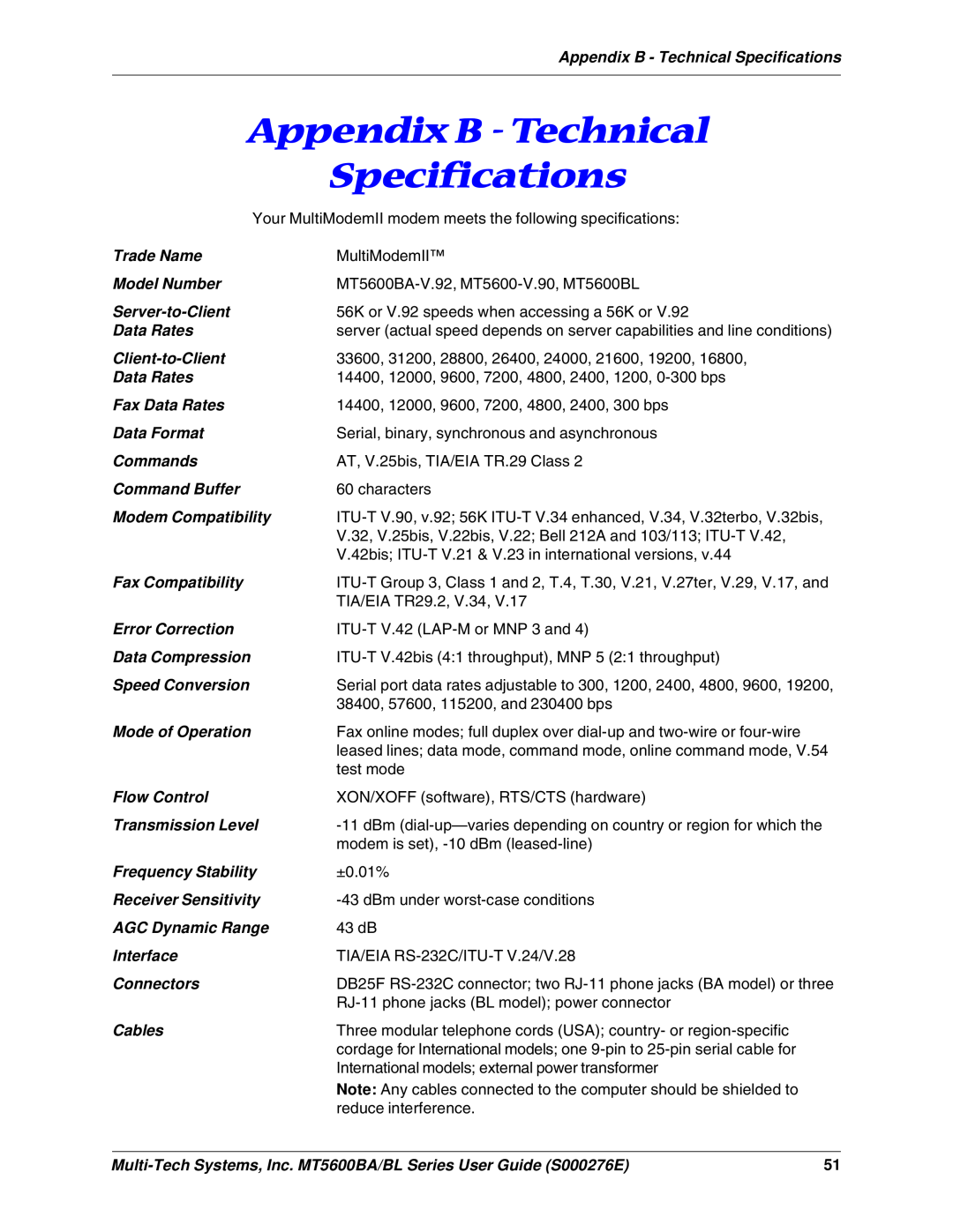 Multitech MT5600BA, MT5600BL manual Appendix B - Technical Specifications 