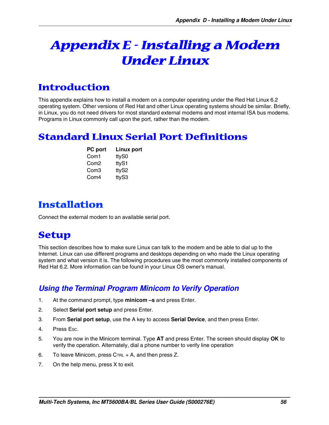 Multitech MT5600BL manual Appendix E - Installing a Modem Under Linux, Standard Linux Serial Port Definitions, Introduction 