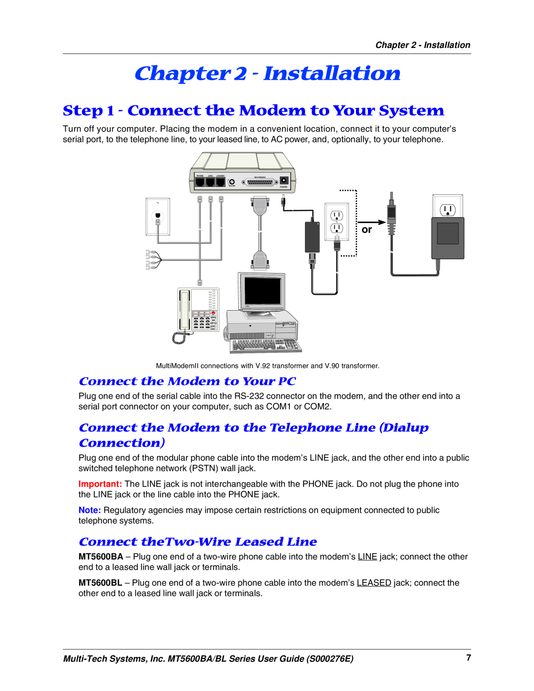 Multitech MT5600BA manual Connect the Modem to Your System, Connect the Modem to Your PC, Connect theTwo-Wire Leased Line 