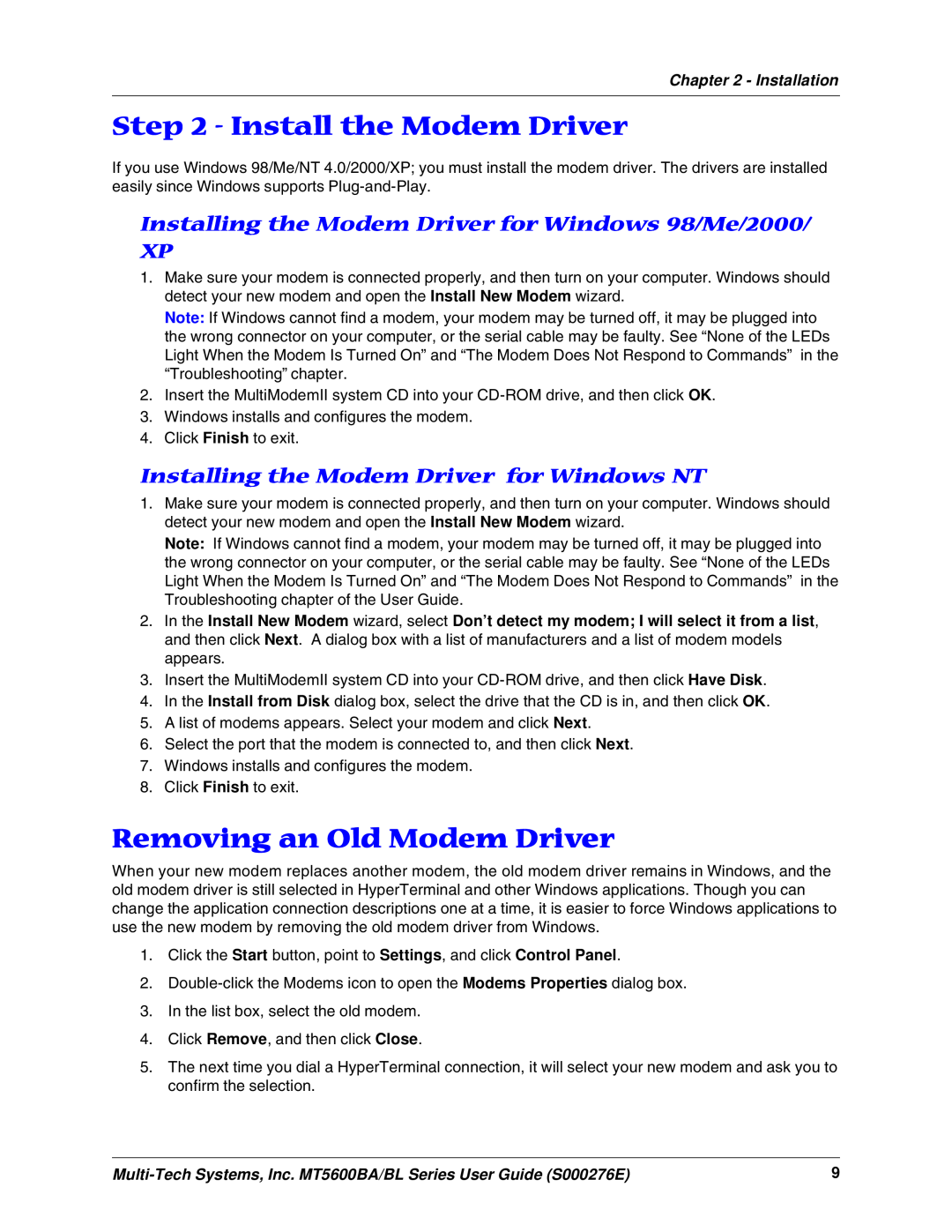 Multitech MT5600BA Install the Modem Driver, Removing an Old Modem Driver, Installing the Modem Driver for Windows NT 