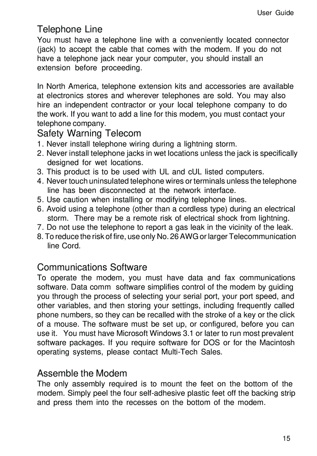 Multitech MT5600ZDXV manual Telephone Line, Safety Warning Telecom, Communications Software, Assemble the Modem 