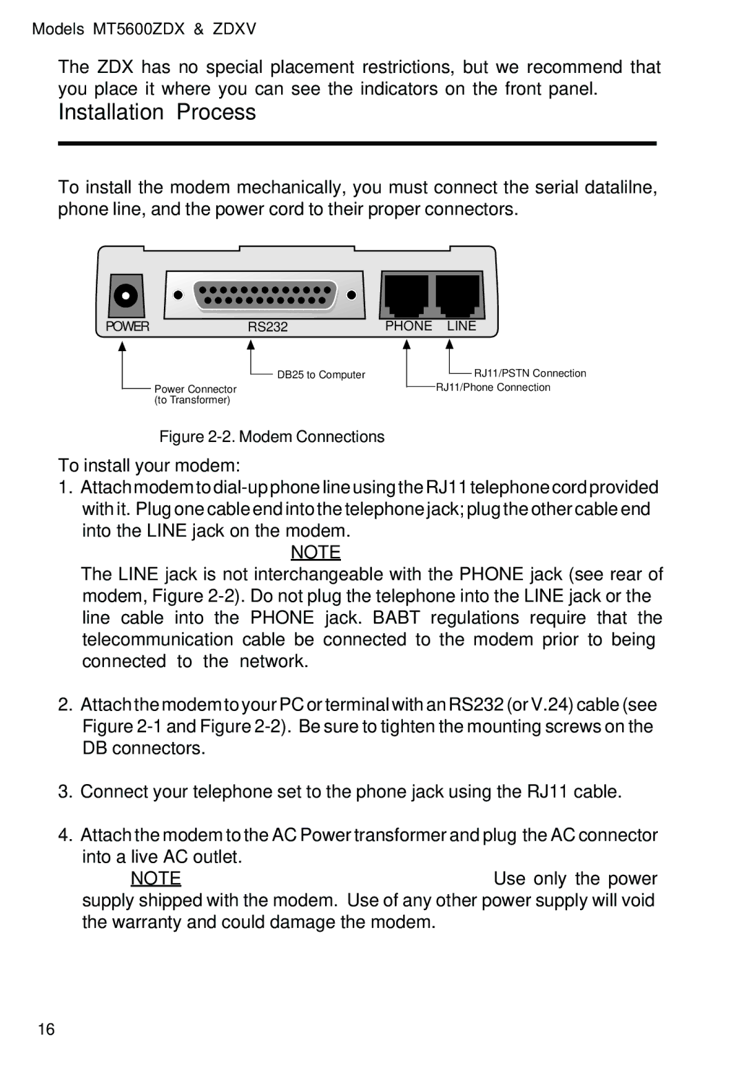 Multitech MT5600ZDXV manual Installation Process, Phone Line 