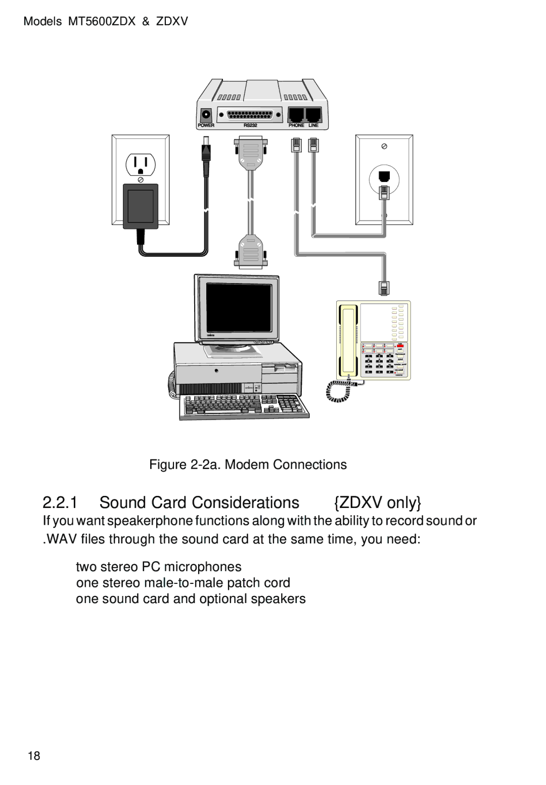 Multitech MT5600ZDXV manual Sound Card Considerations Zdxv only, 2a. Modem Connections 