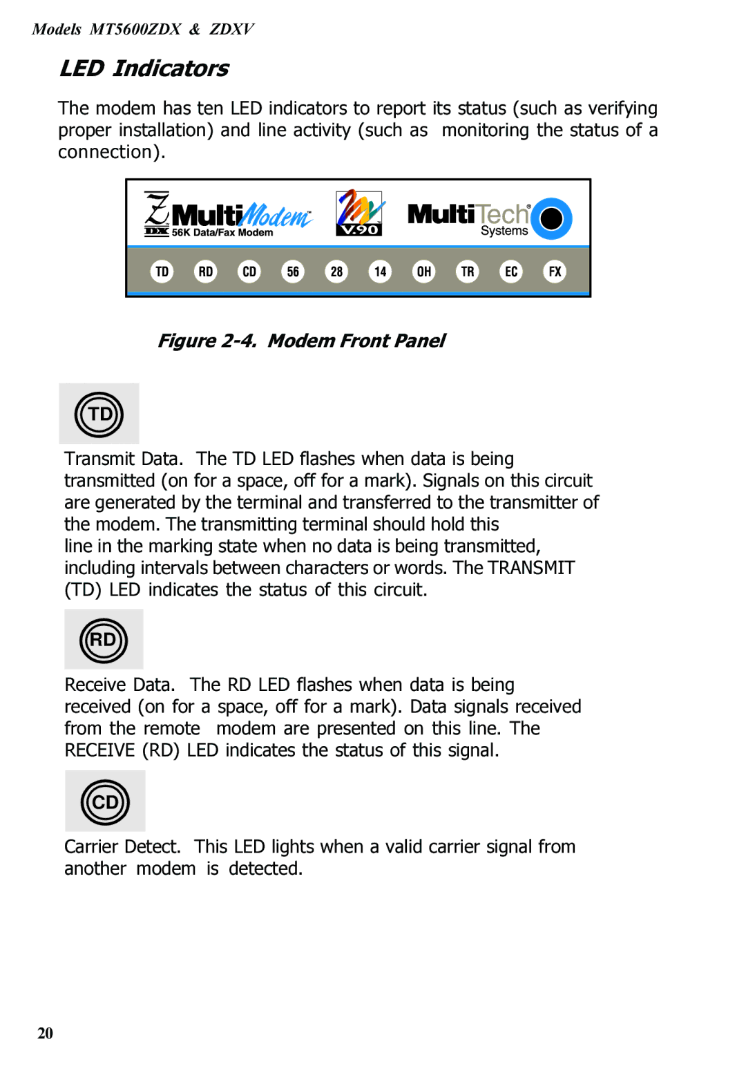 Multitech MT5600ZDXV manual LED Indicators, Modem Front Panel 