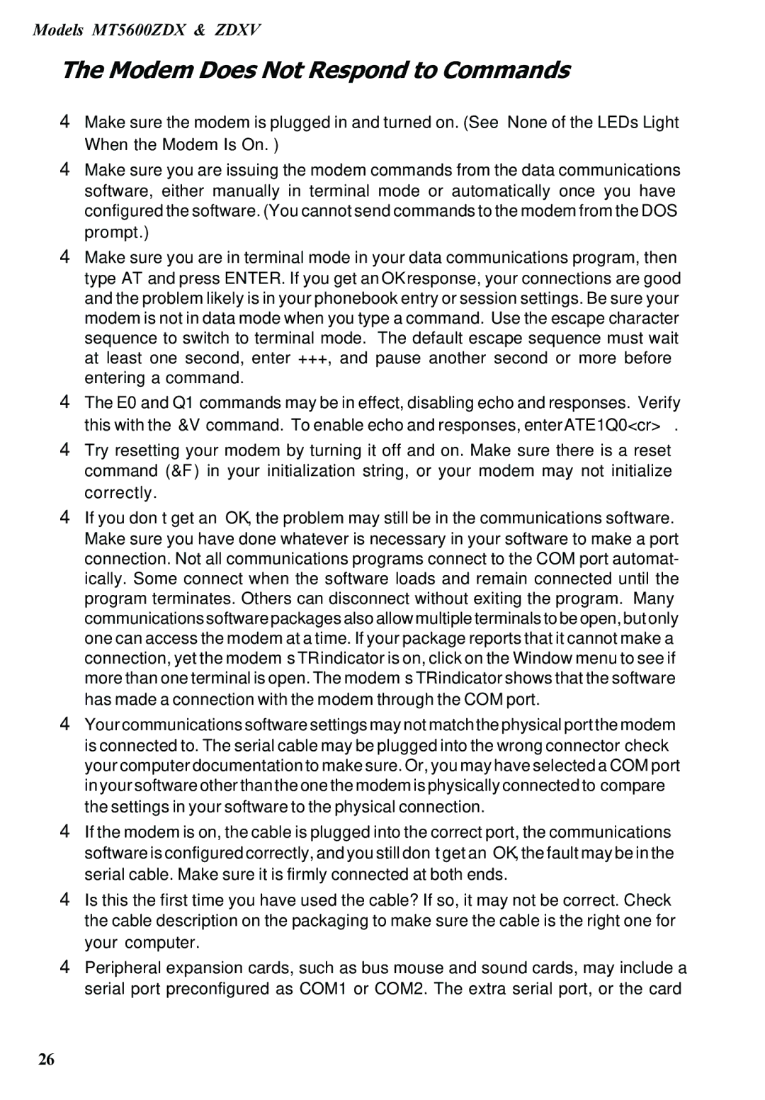 Multitech MT5600ZDXV manual Modem Does Not Respond to Commands 