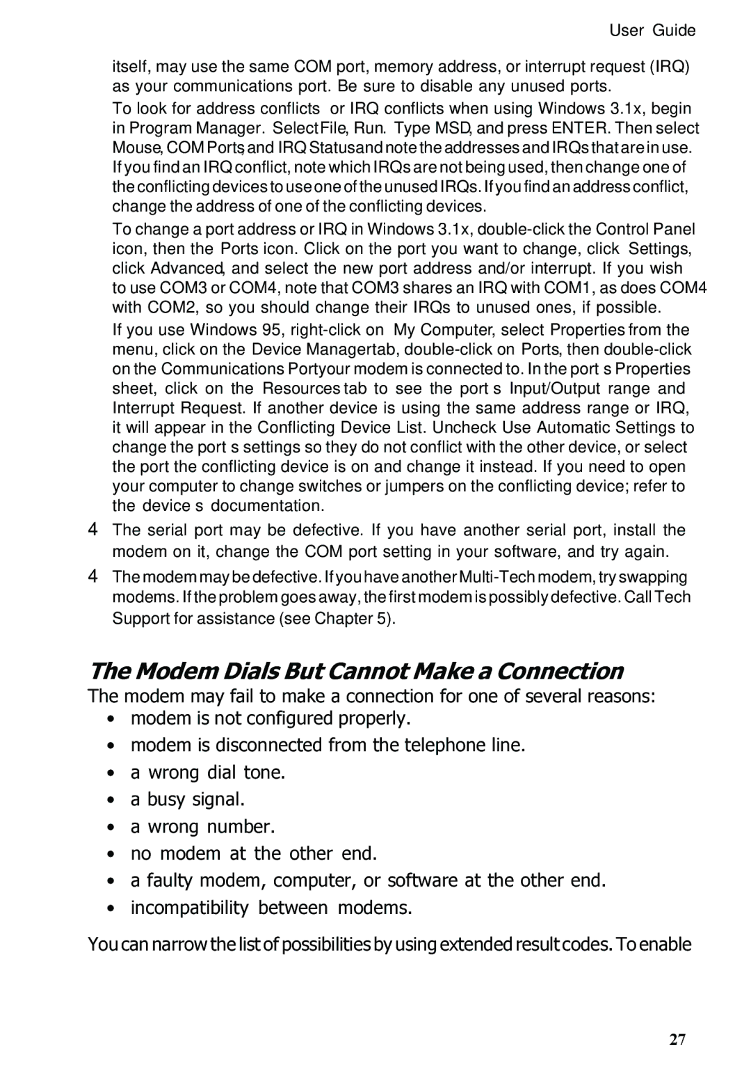 Multitech MT5600ZDXV manual Modem Dials But Cannot Make a Connection 