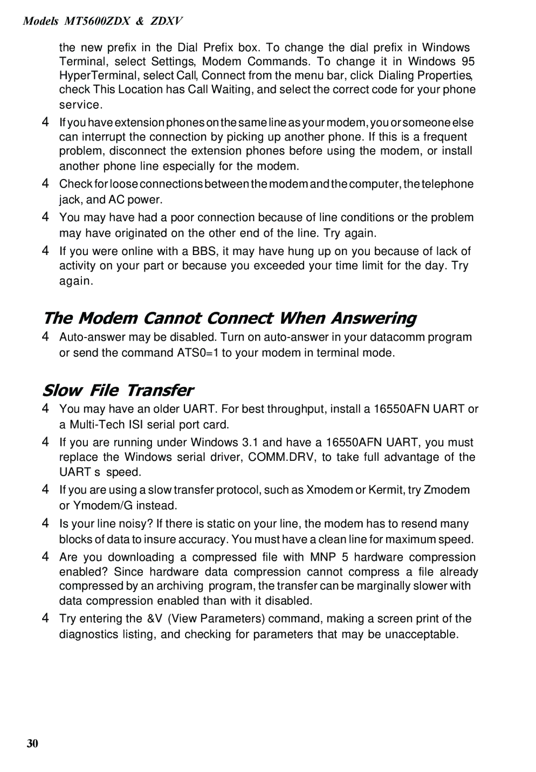 Multitech MT5600ZDXV manual Modem Cannot Connect When Answering, Slow File Transfer 