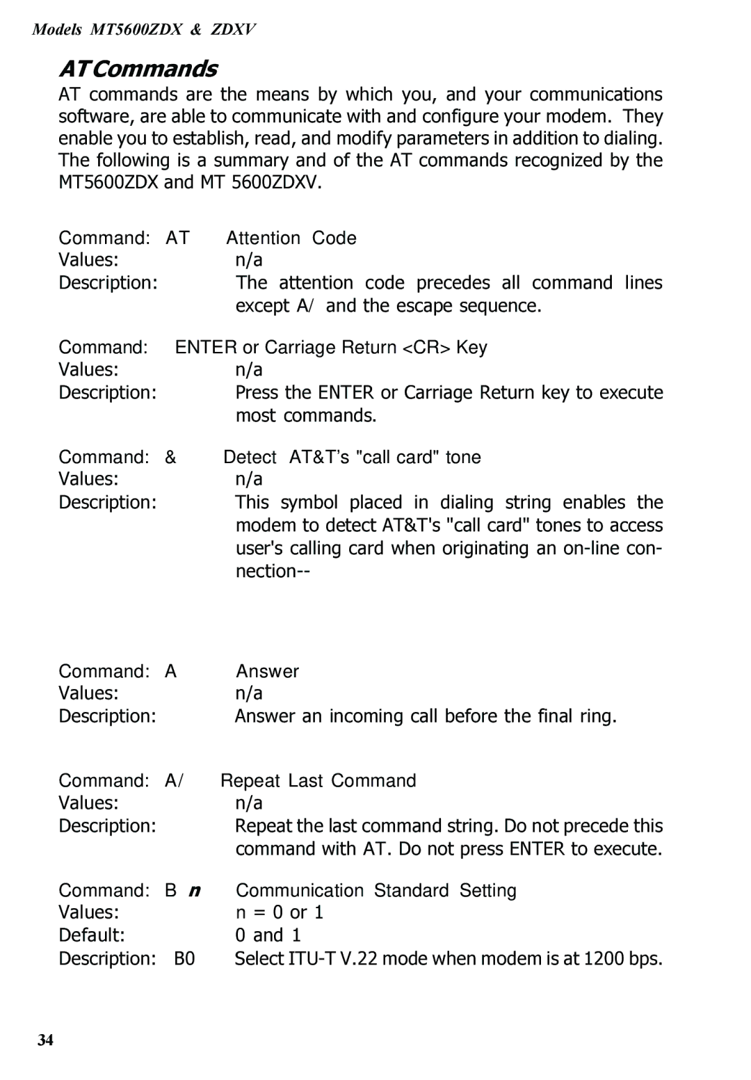 Multitech MT5600ZDXV manual AT Commands 